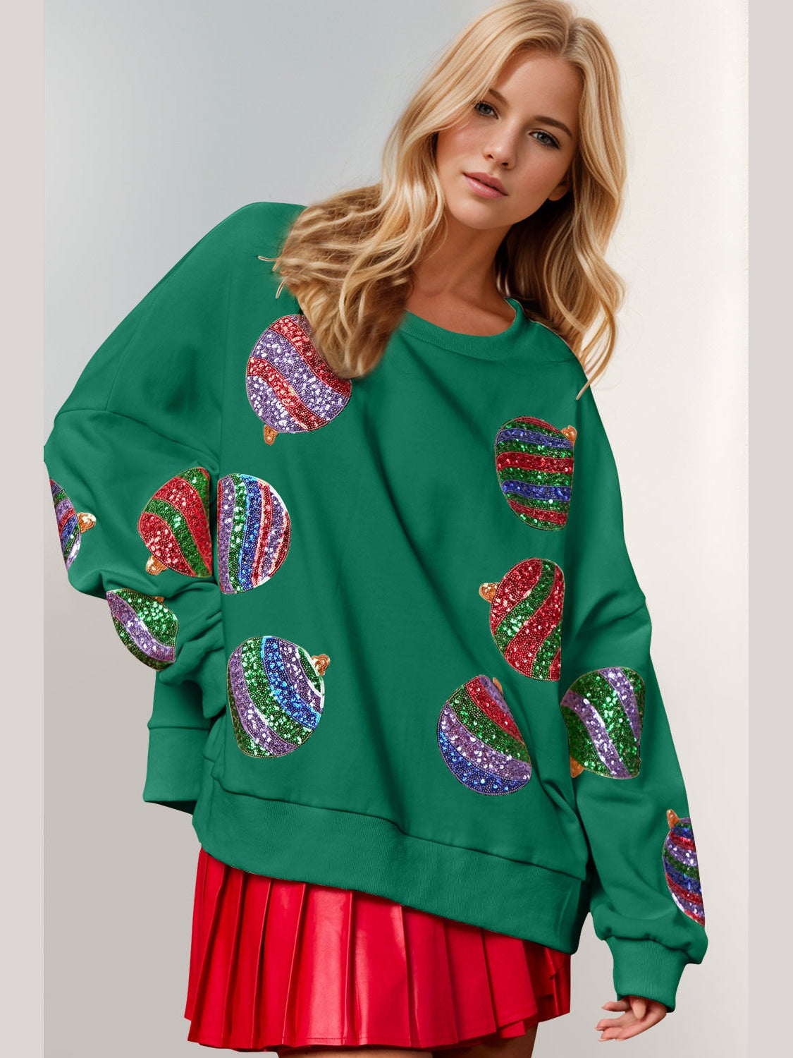 Double Take Christmas Element Sequin Round Neck Long Sleeve Sweatshirt