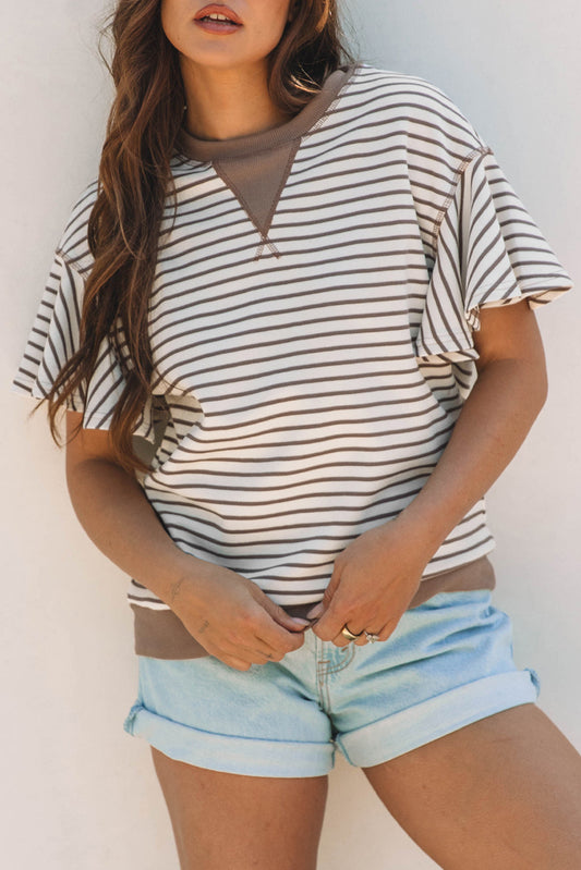 Stripe Contrast Trim Ruffle Sleeve Top