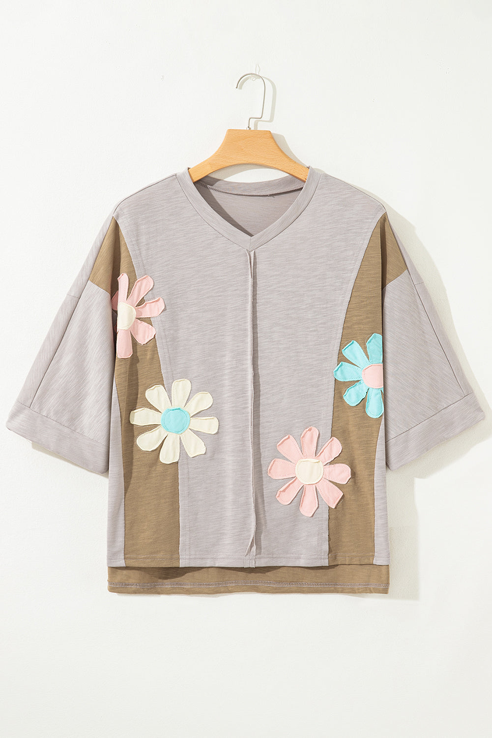 Flower Patch Exposed Seam 3/4 Sleeve T-Shirt