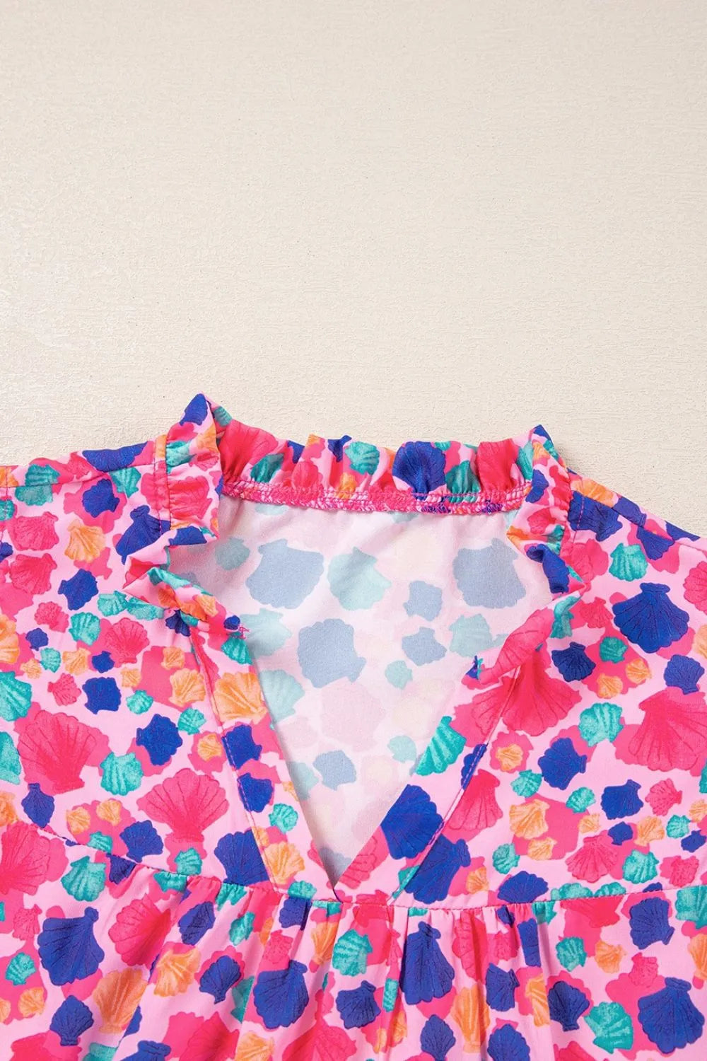 Abstract Print Ruffled Sleeve Notched Blouse