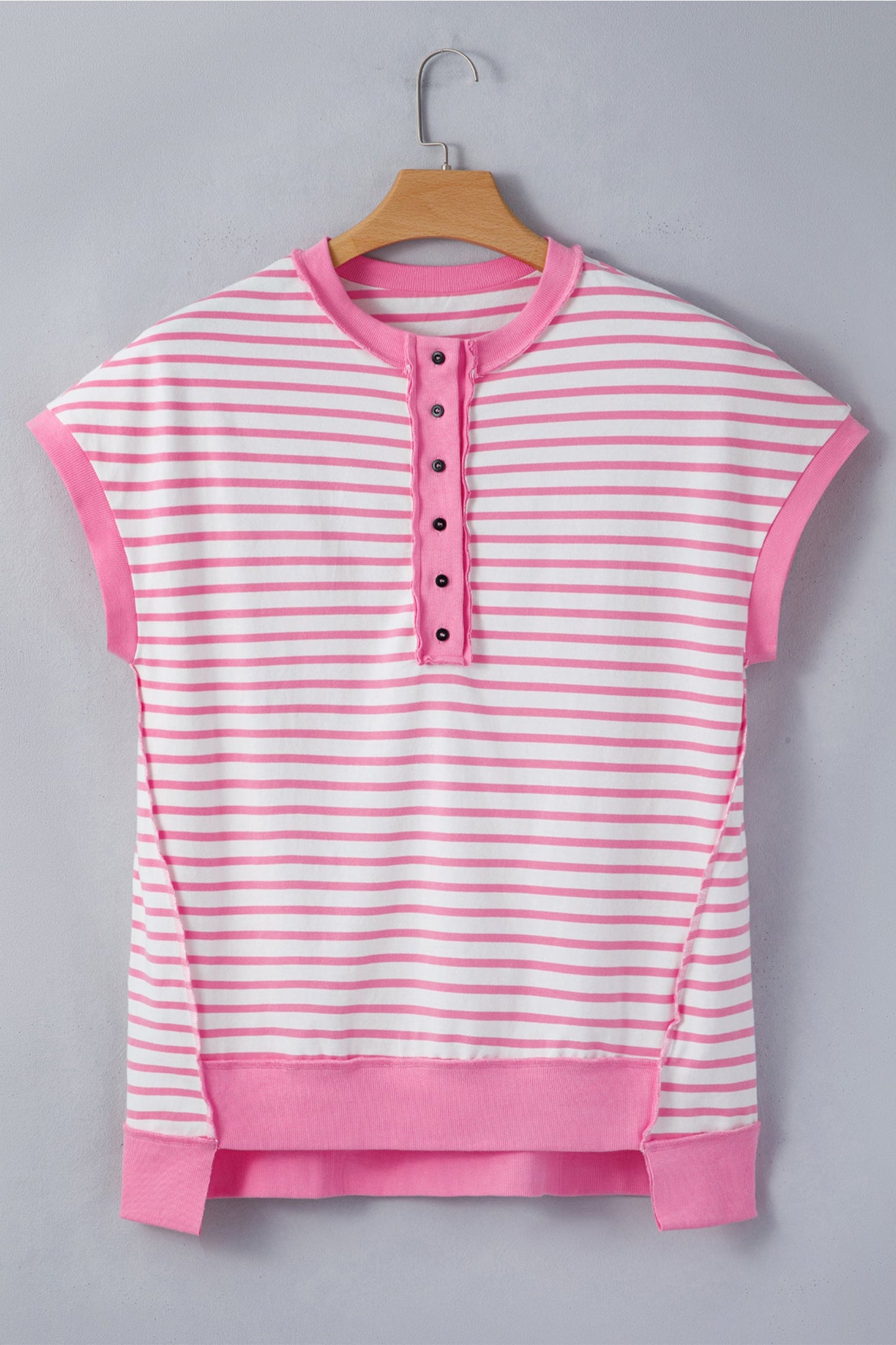 Stripe Half Placket High Low Short Sleeve Top