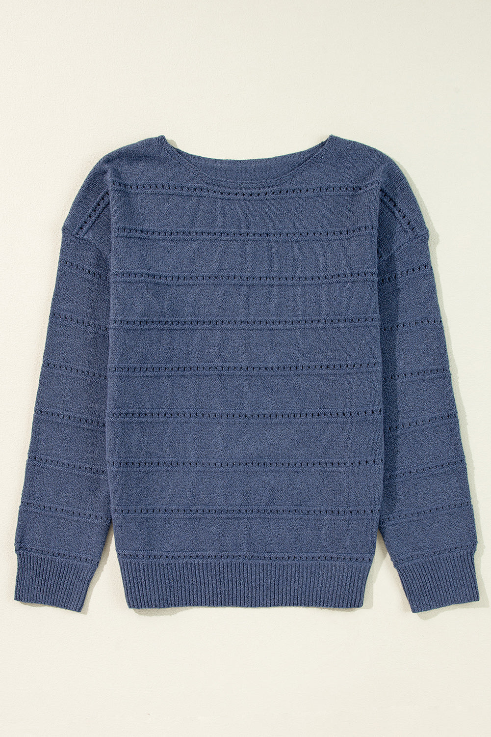 Pointelle Knit Boat Neck Drop Shoulder Sweater