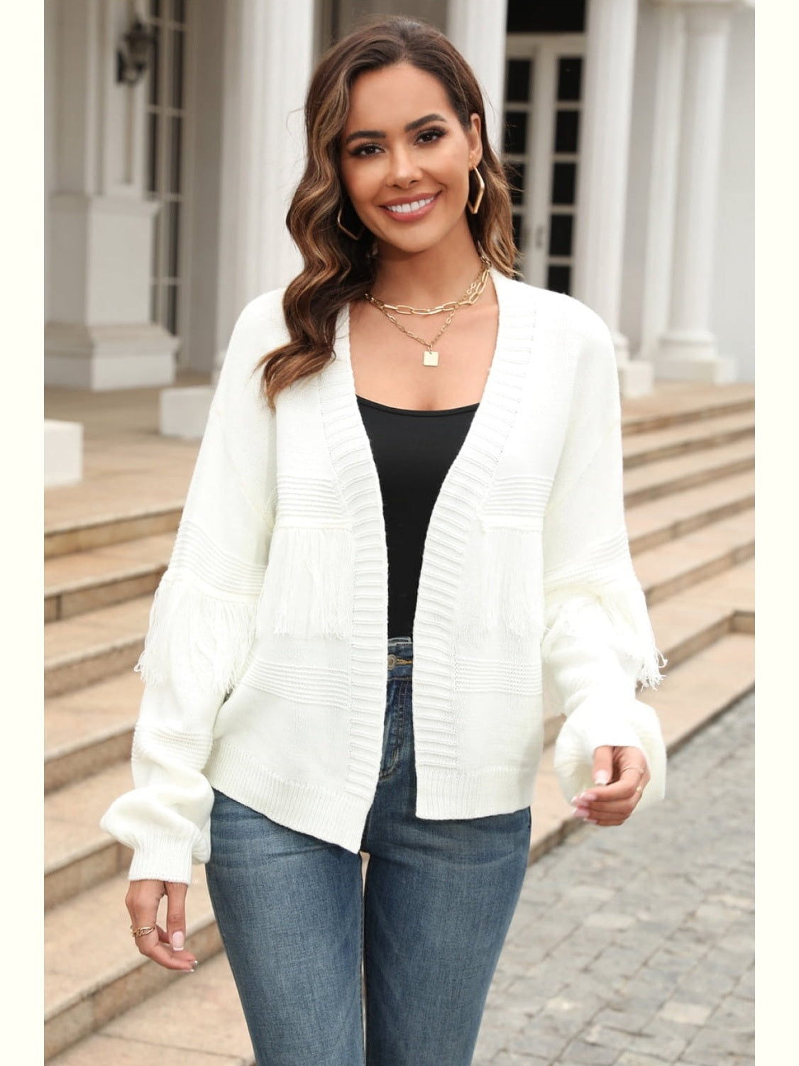 Women Double Take Fringe Trim Open Front Cardigan Sweater