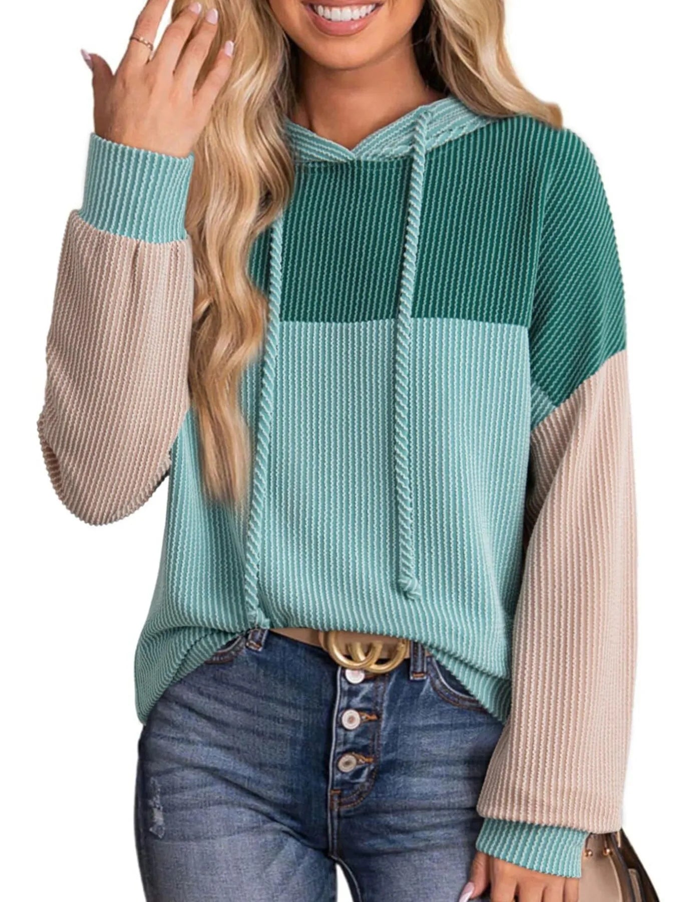 Women Drawstring Color Block Long Sleeve Hoodie