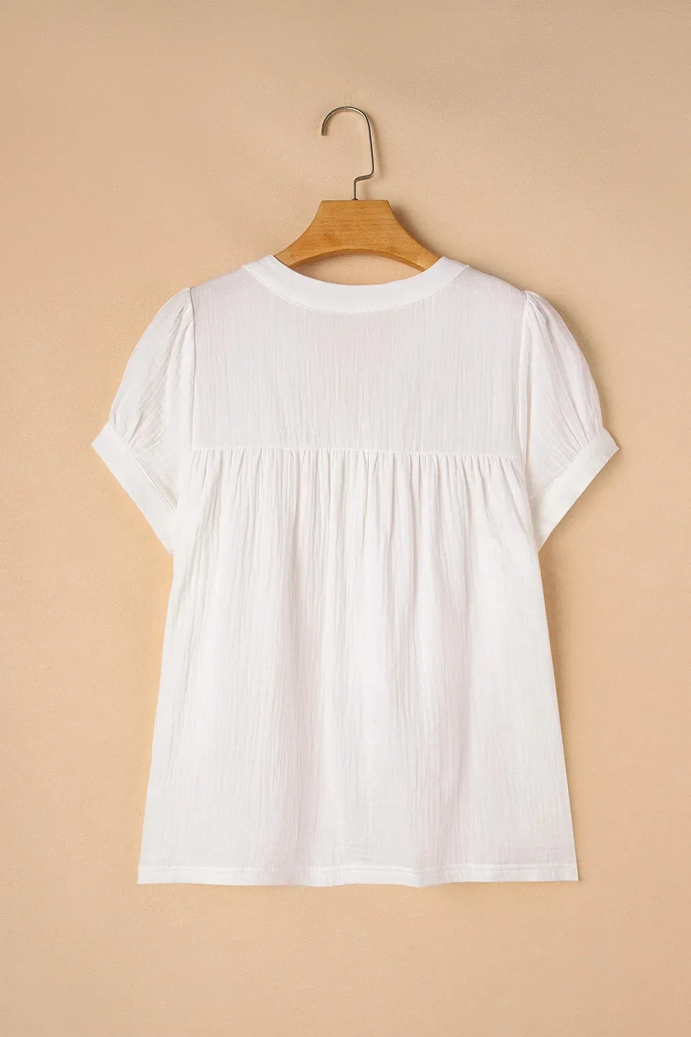 Textured Short Sleeve Buttons Frayed Blouse