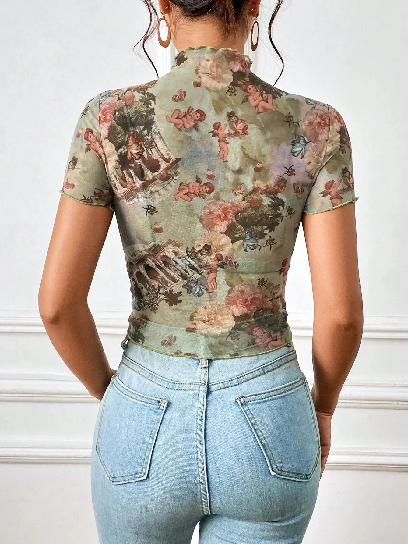 Abstract Print Ruffled Mock Neck Crop T-Shirt | Trendy Streetwear – Bona Fide Fashion