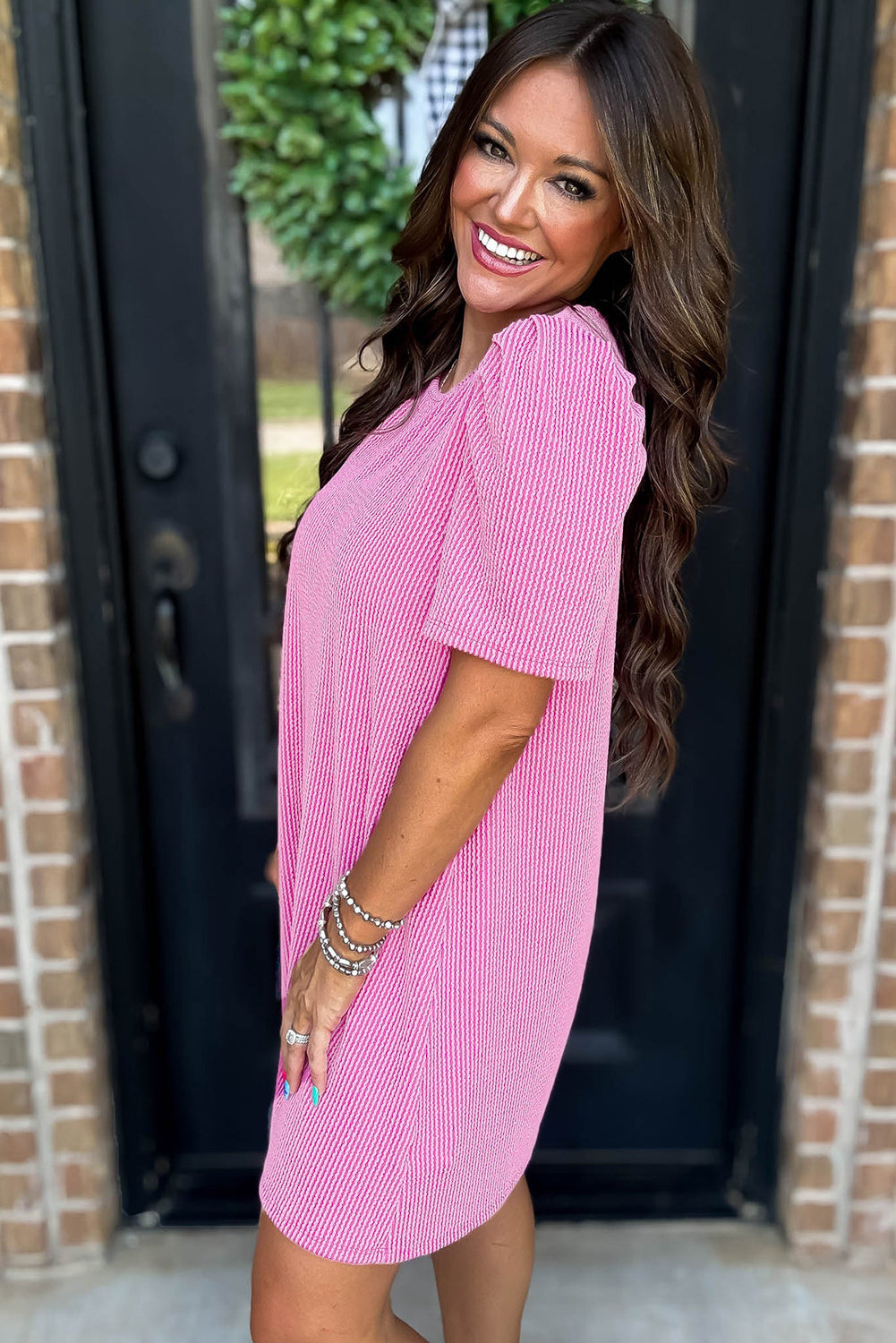 Blossom Corded Crew Neck Puff Sleeve Mini Dress