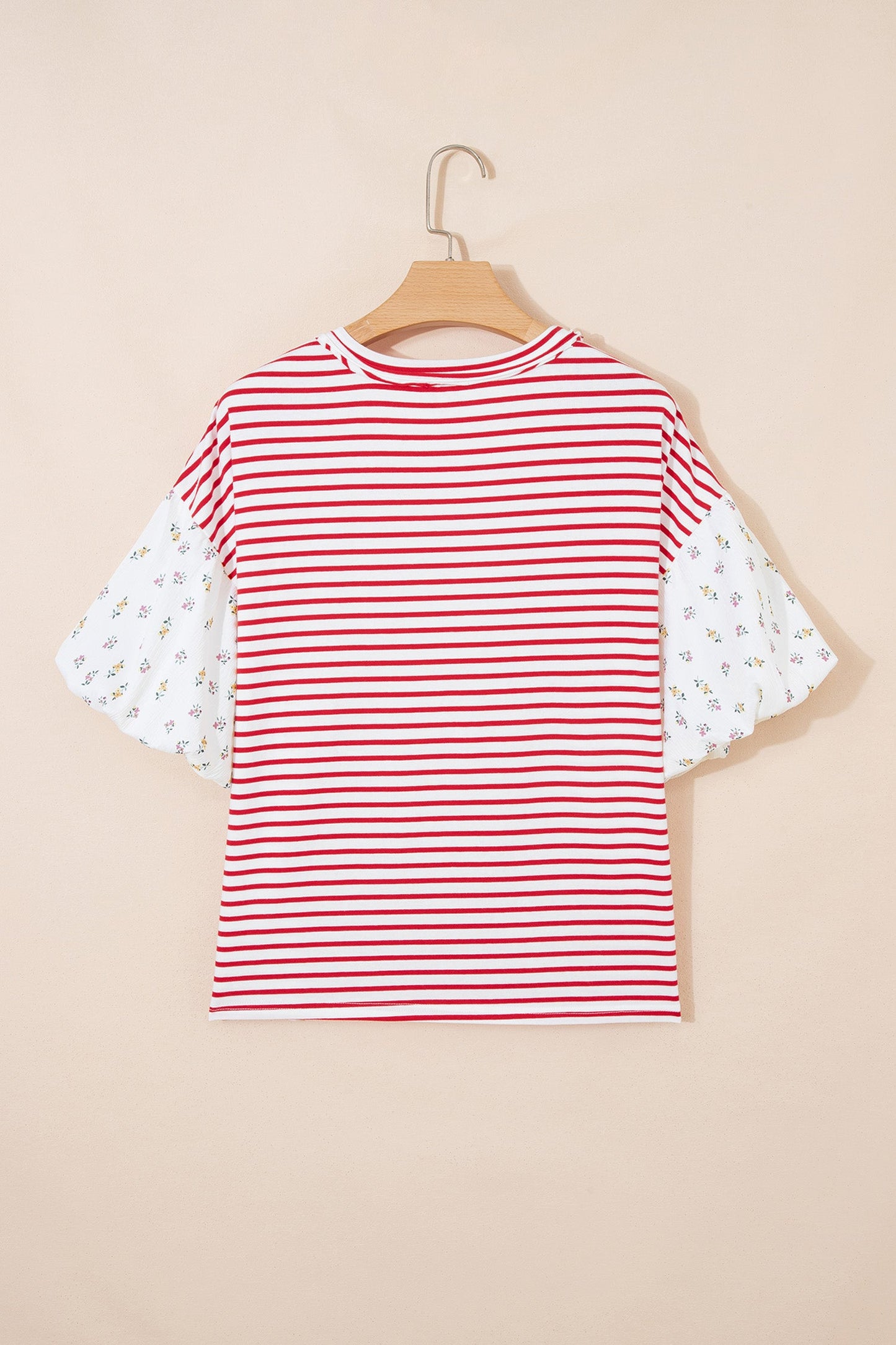 Floral Stripe Patchwork Puff Sleeve Round Neck Top