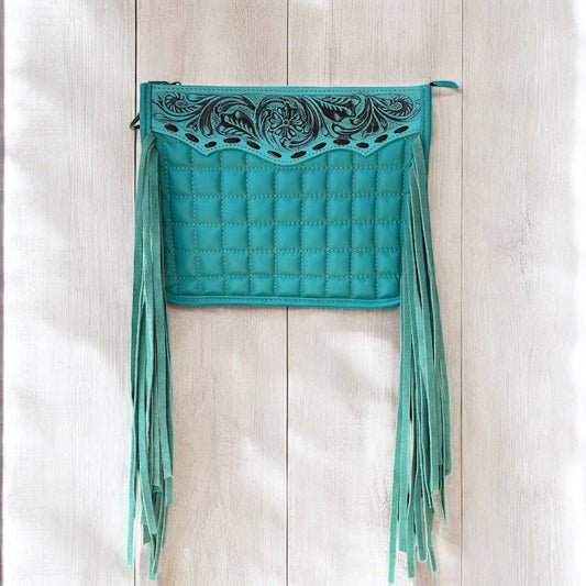 Turquoise tooled leather fringe crossbody bag