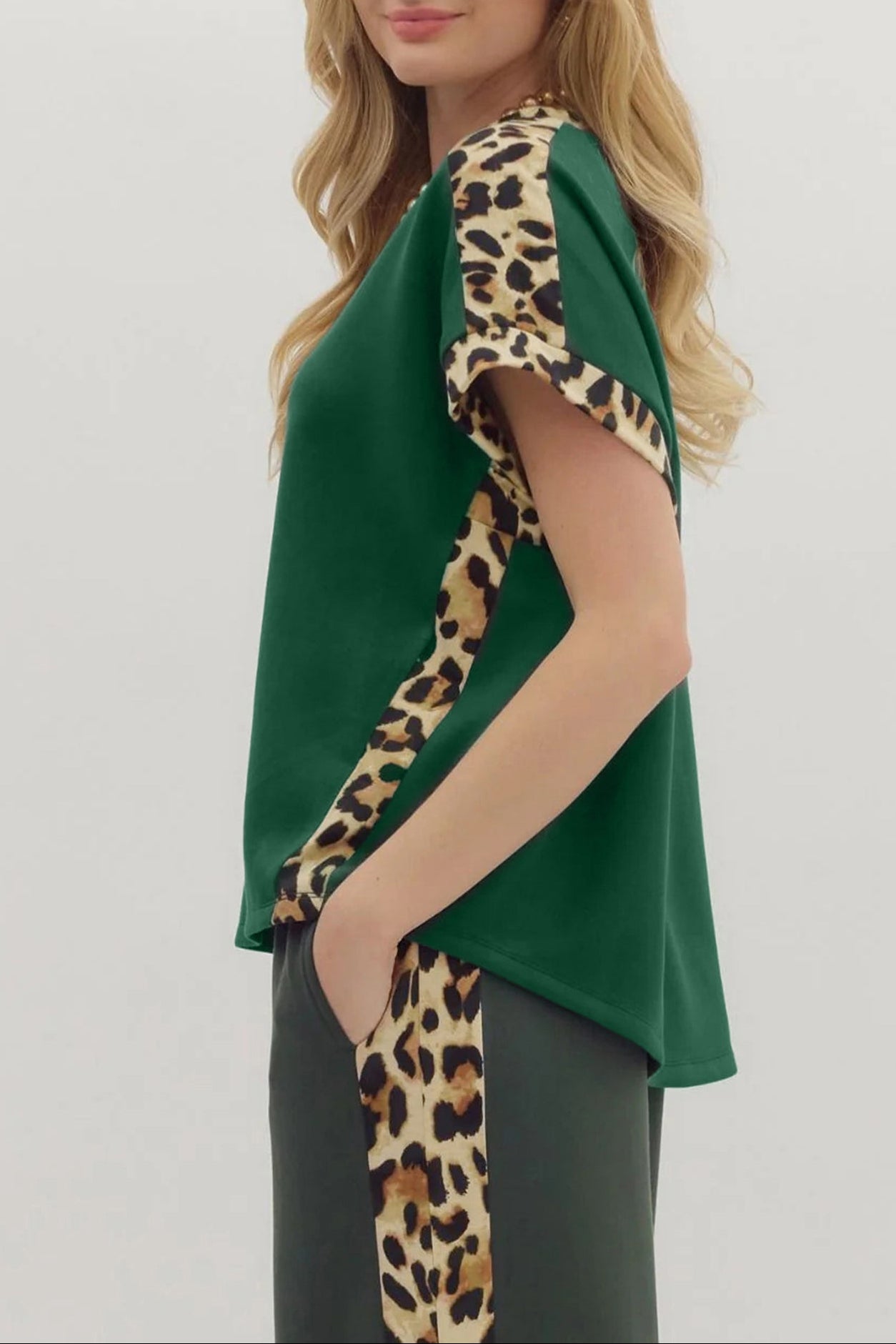 Leopard Colorblock Round Neck Short Sleeve T-Shirt