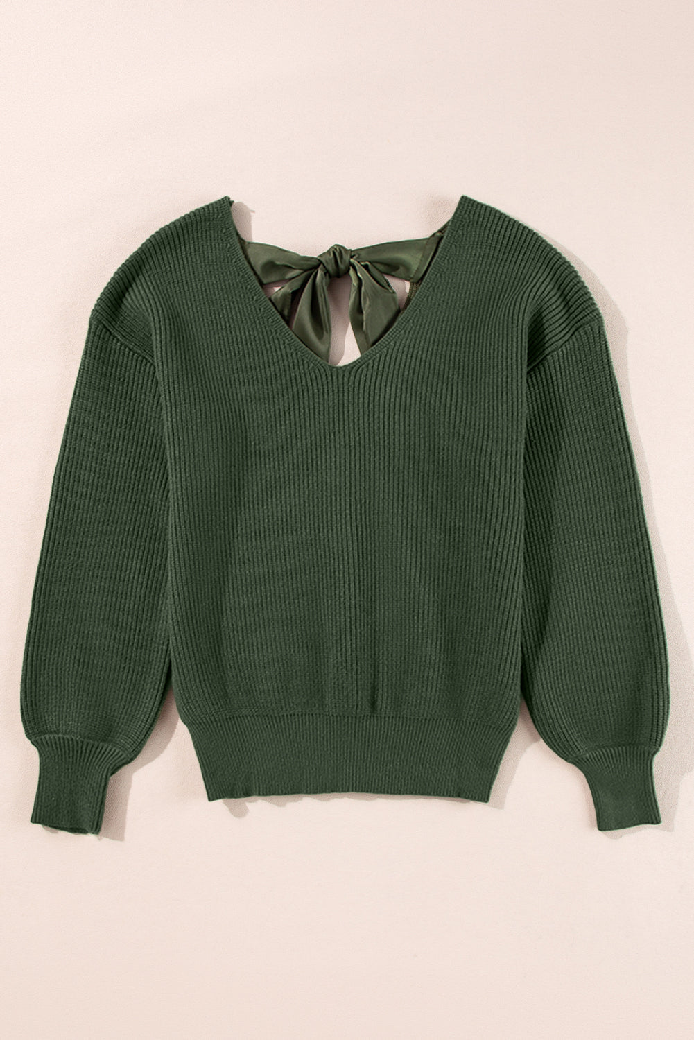 Bow Back  Lantern Sleeve V-Neck Sweater