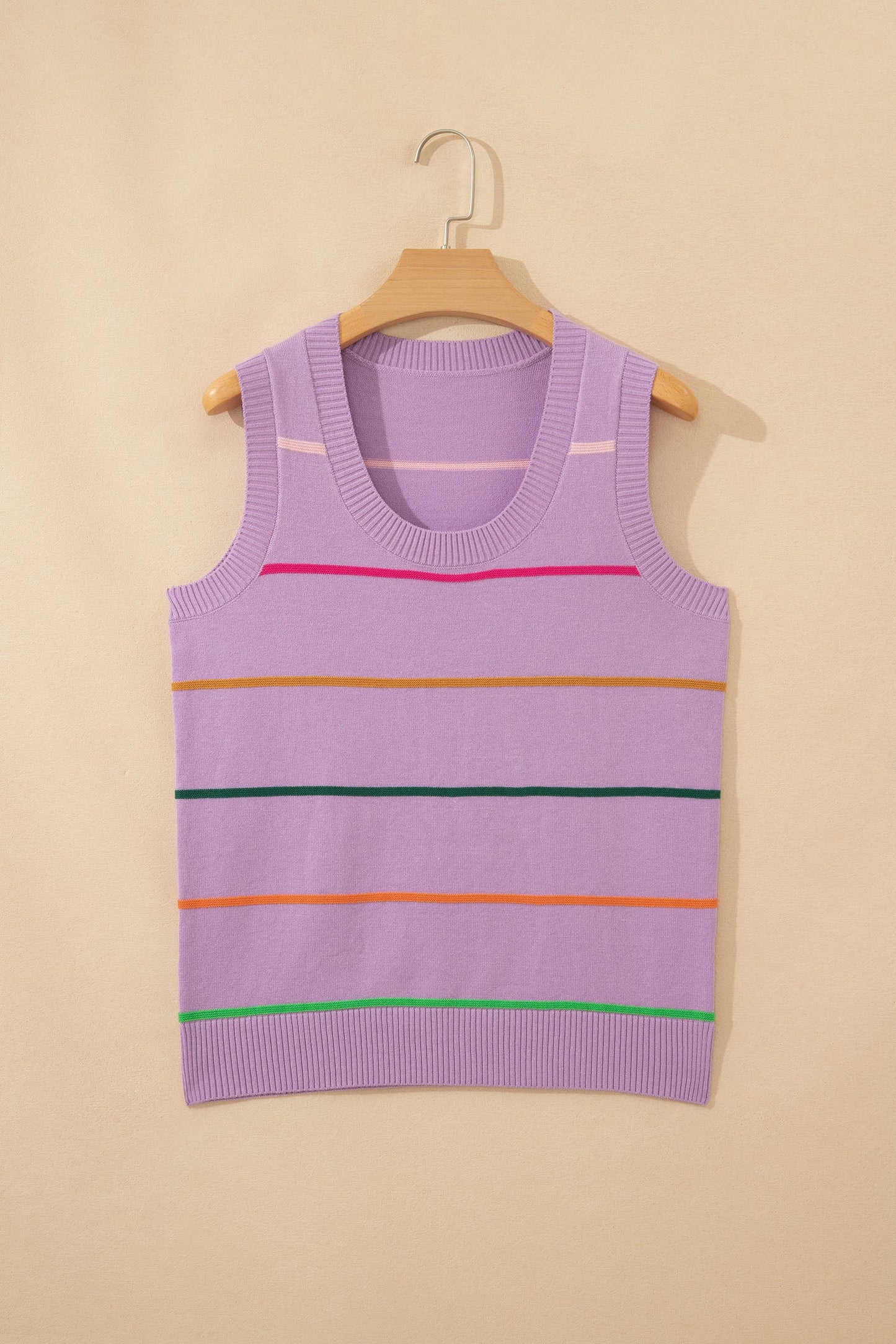 Stripe Ribbed Trim Sleeveless Sweater Knit Tank