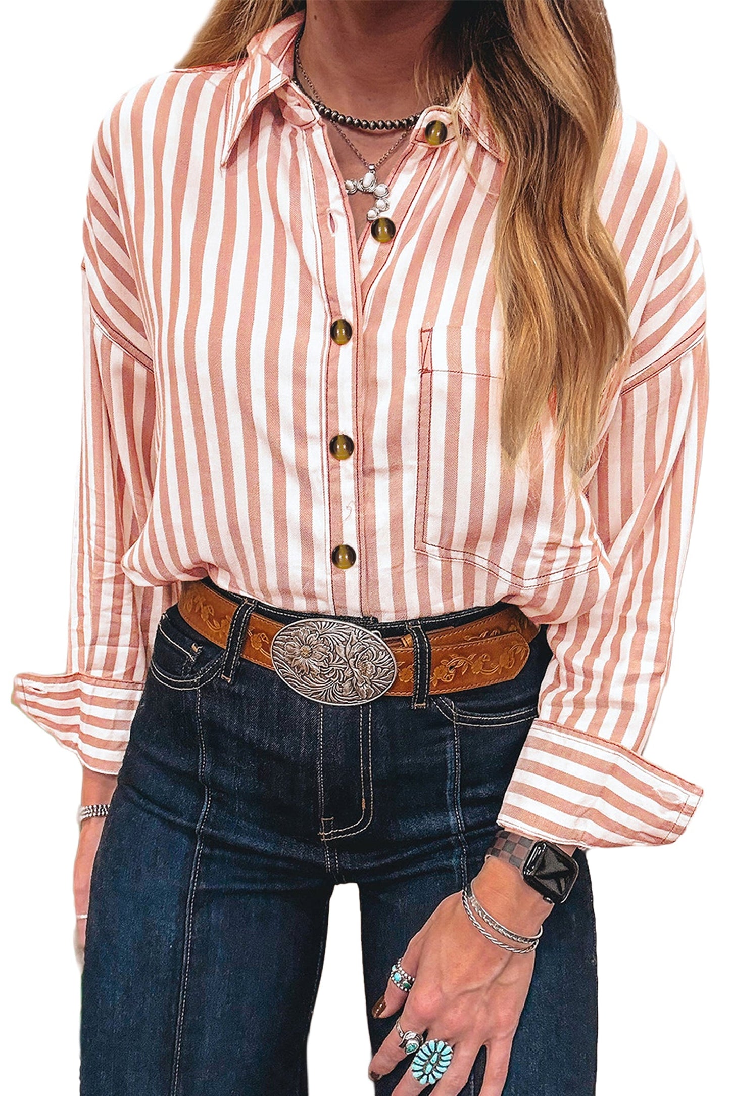 Western Stripe Button Down Long Sleeve Shirt