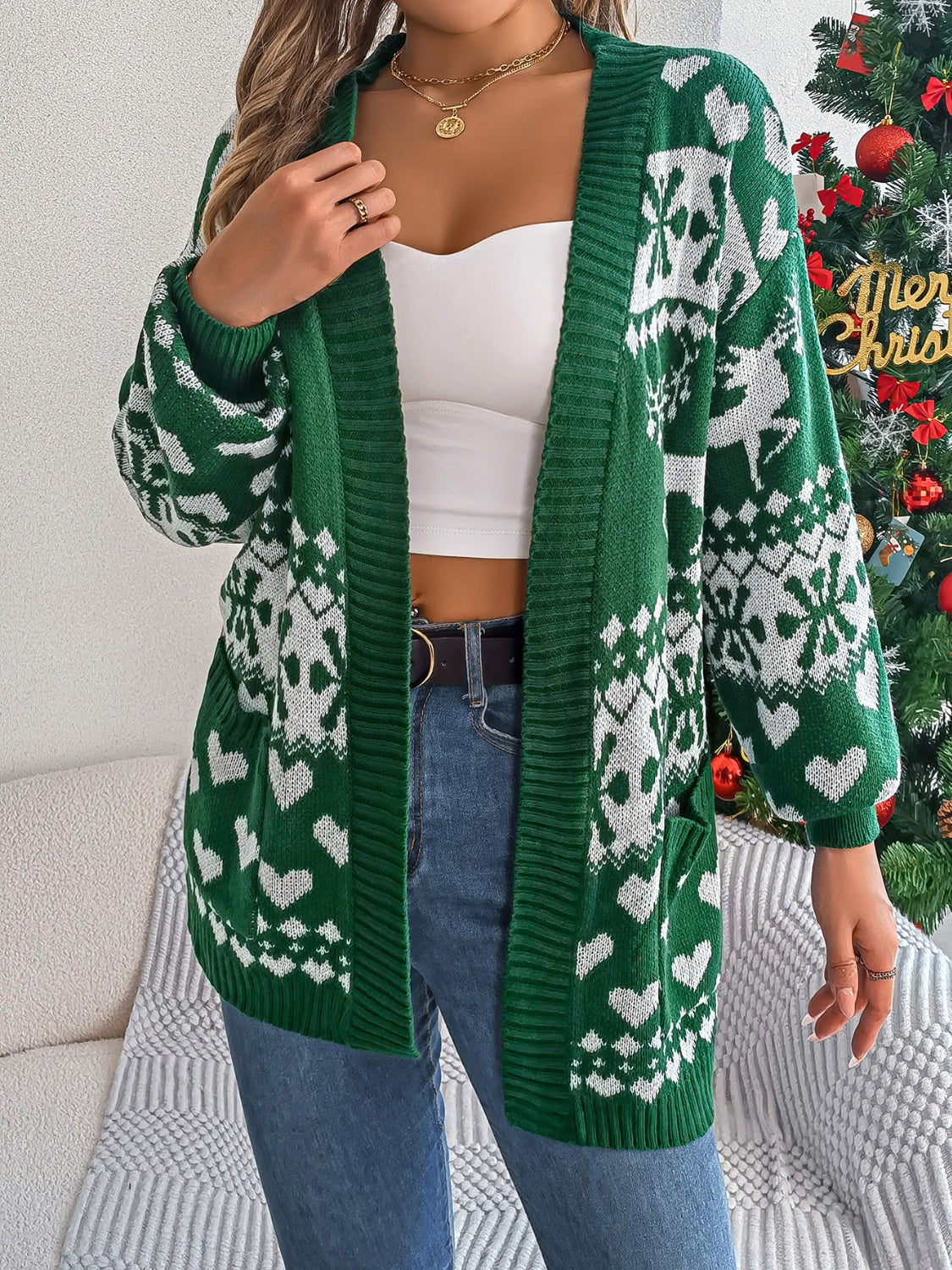 Women Pocketed Open Front Long Sleeve Cardigan