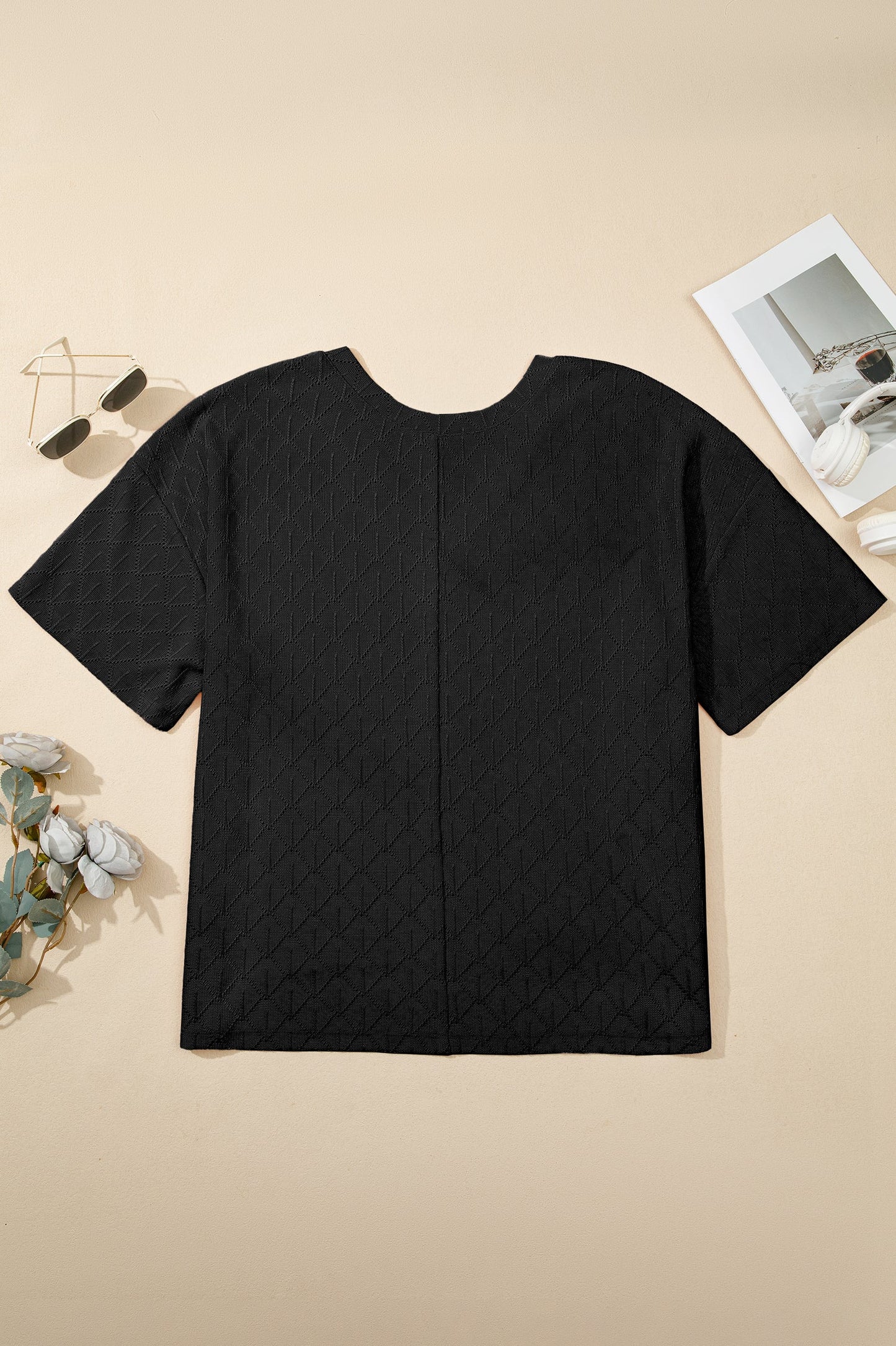 Plus Size Rhombus Pointelle Knit V-Neck Top