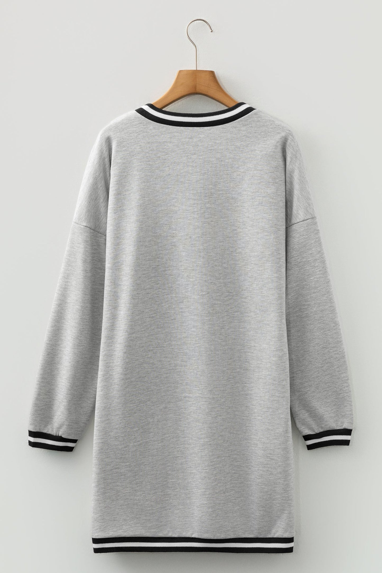 Stripe Trim V-Neck Long Sleeve Preppy T-Shirt Dress