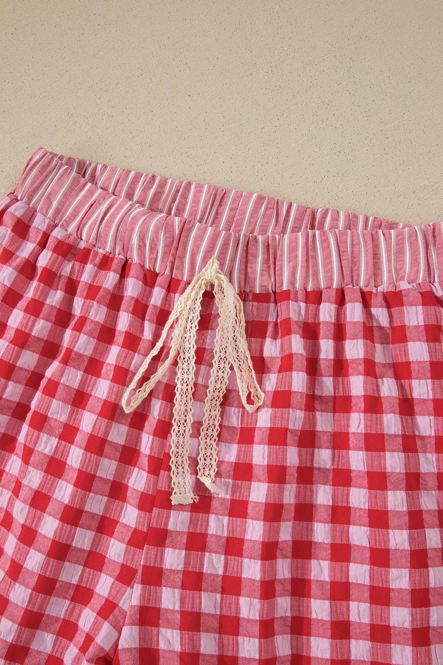 Gingham Ruffle Stripe Patchwork Lace Tie Shorts