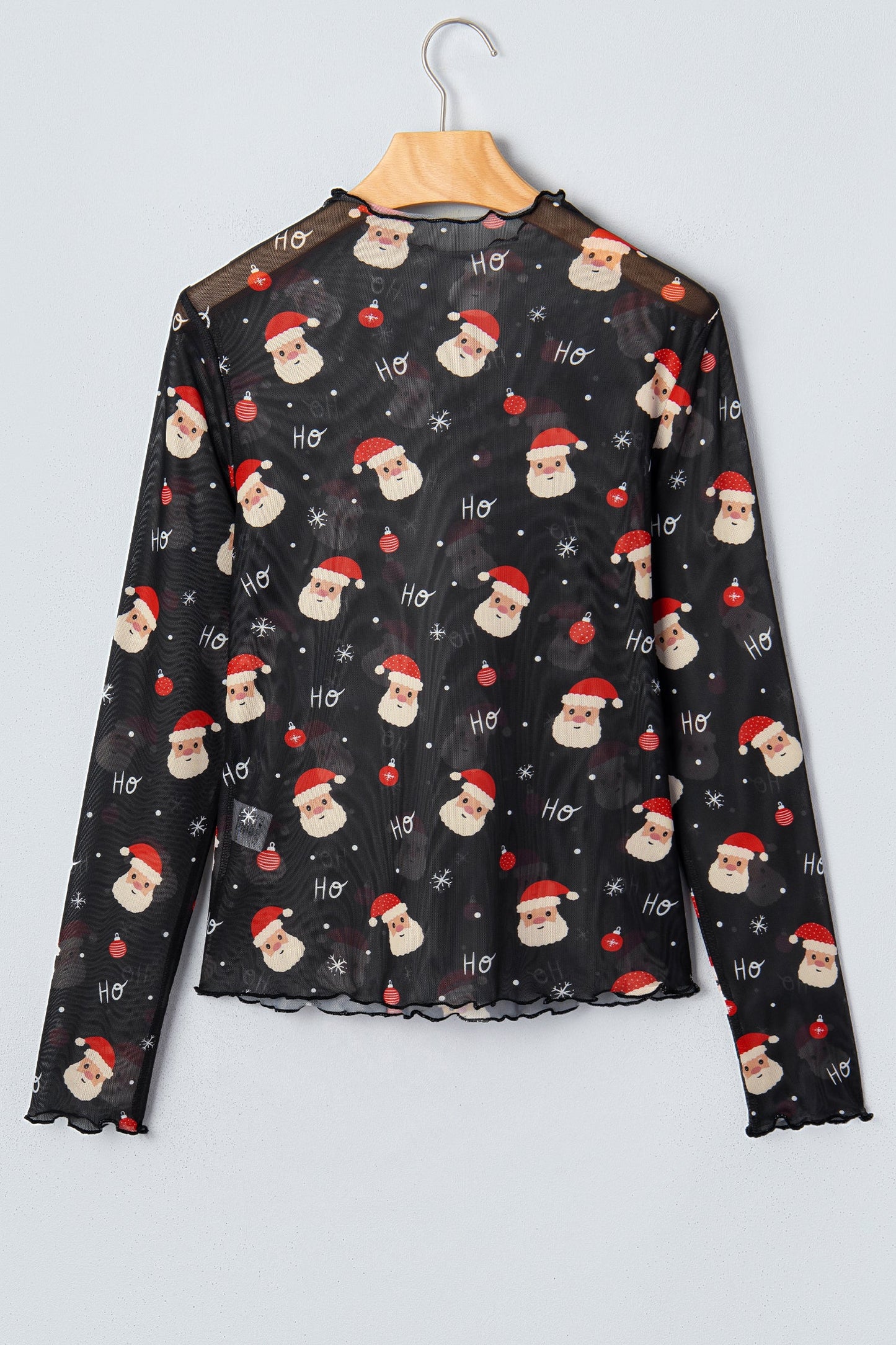 Santa Graphic Sheer Mock Neck Long Sleeve Mesh Top
