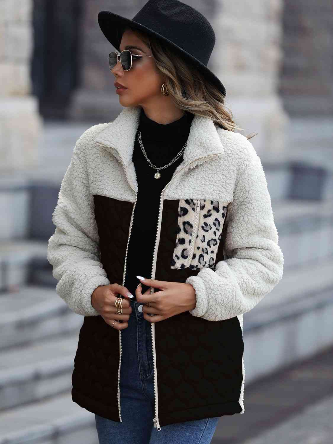 Women Leopard Color Block Zip-Up Jacket