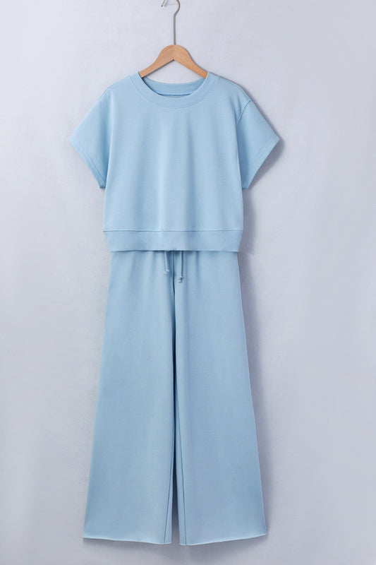 Solid Tee & Wide Leg Raw Hem Pants Set
