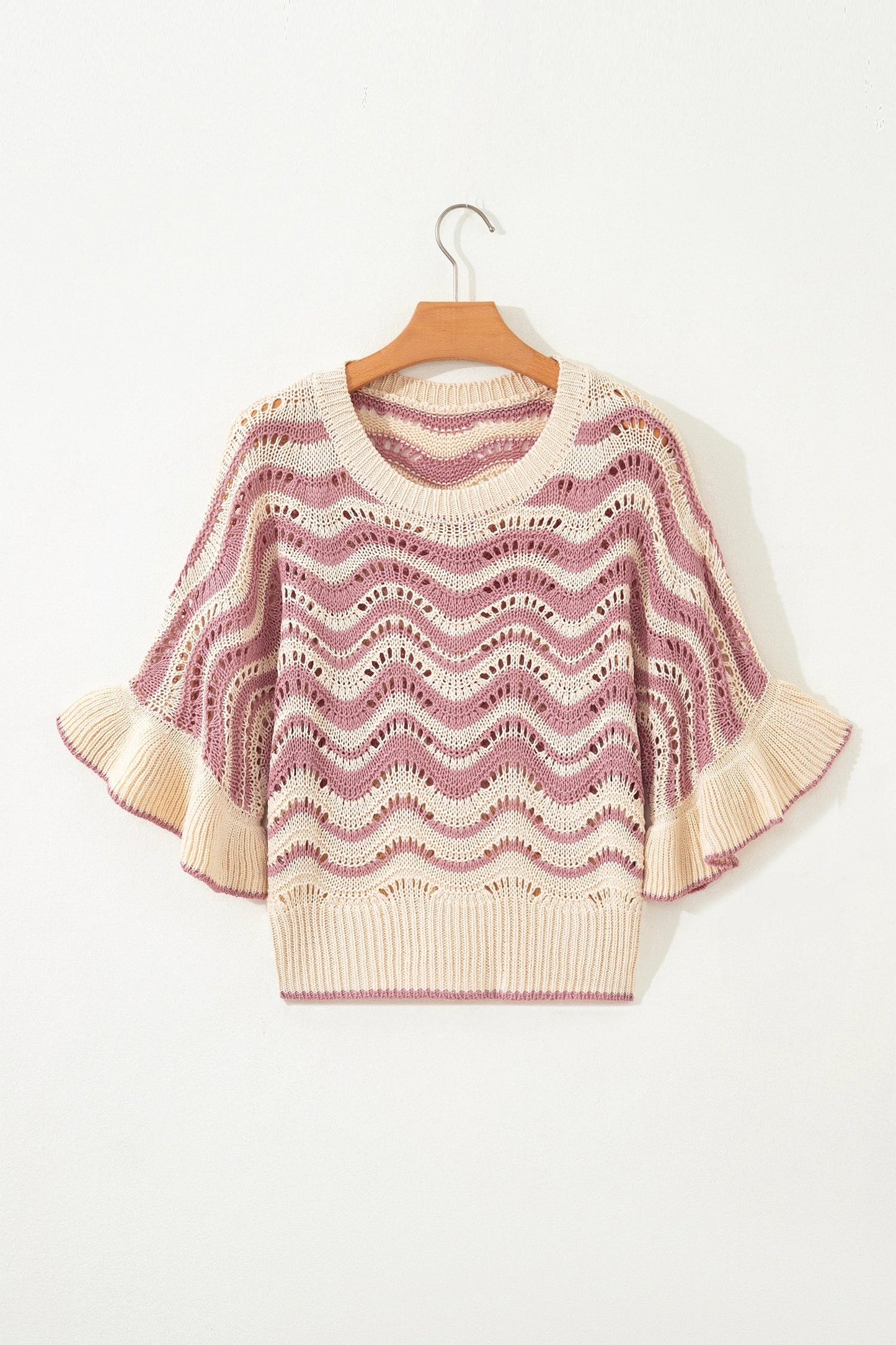 Wavy Stripe Ruffle 3/4 Sleeve Crochet Sweater