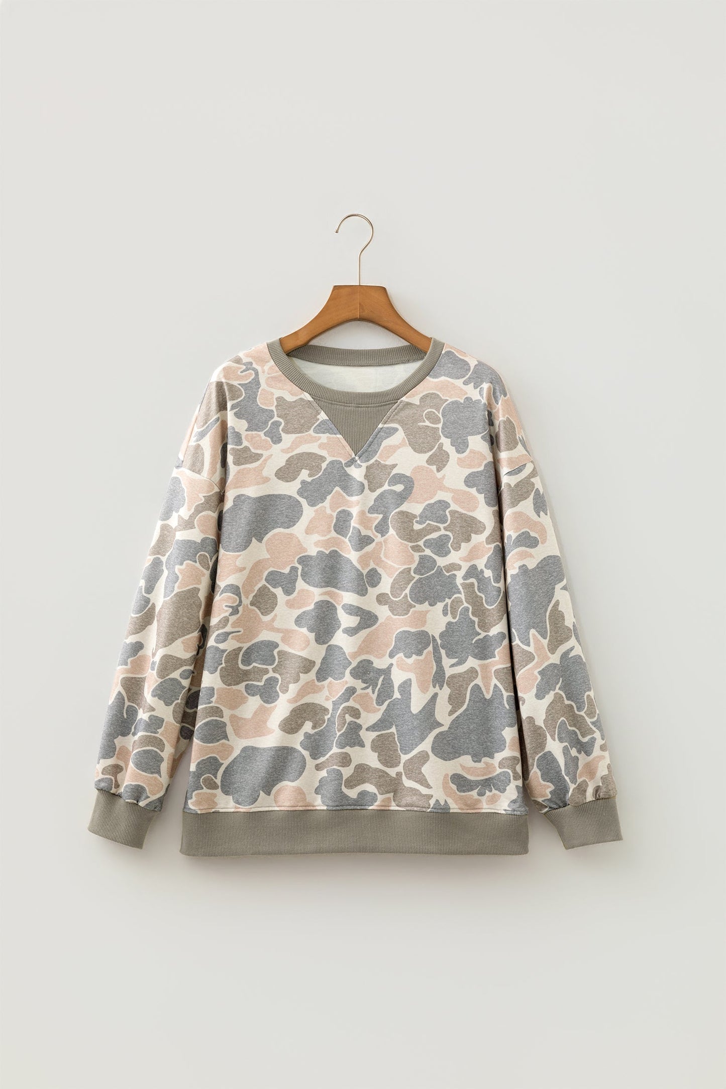 Camo Ribbed Trim Crew Neck Pullover Sweatshirt