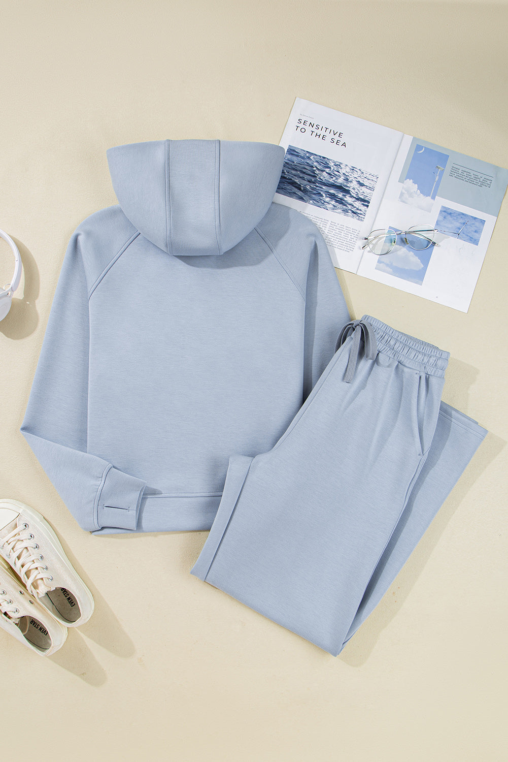 Solid Half- Zip Hoodie and Pants Set