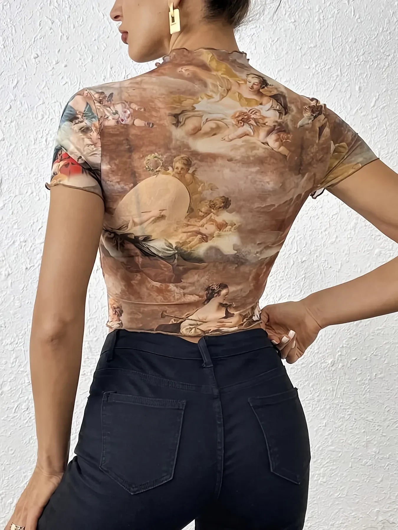 Abstract Print Ruffled Mock Neck Crop T-Shirt | Trendy Streetwear – Bona Fide Fashion