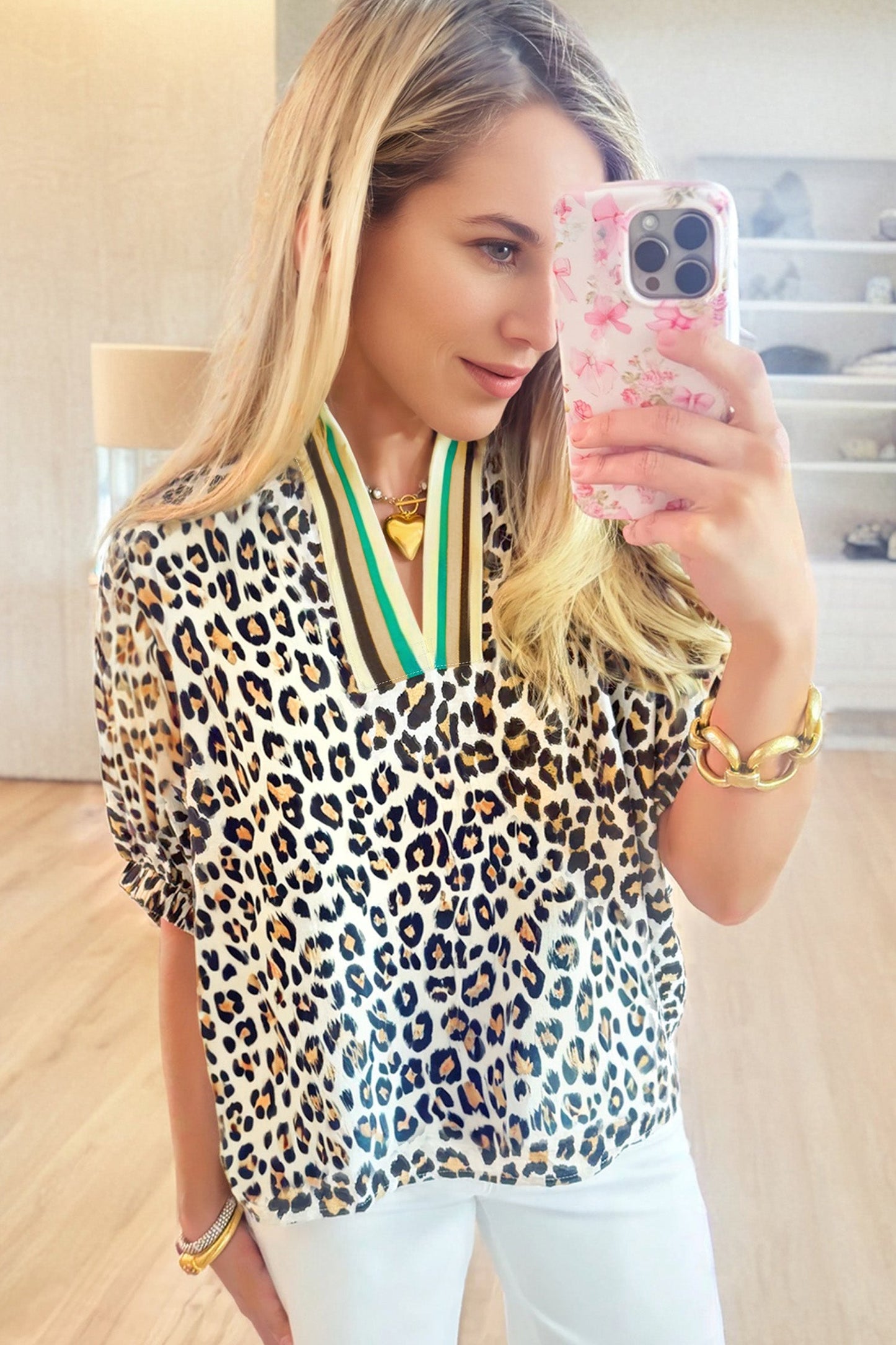Leopard Colorblock Contrast V-Neck Short Sleeve Blouse