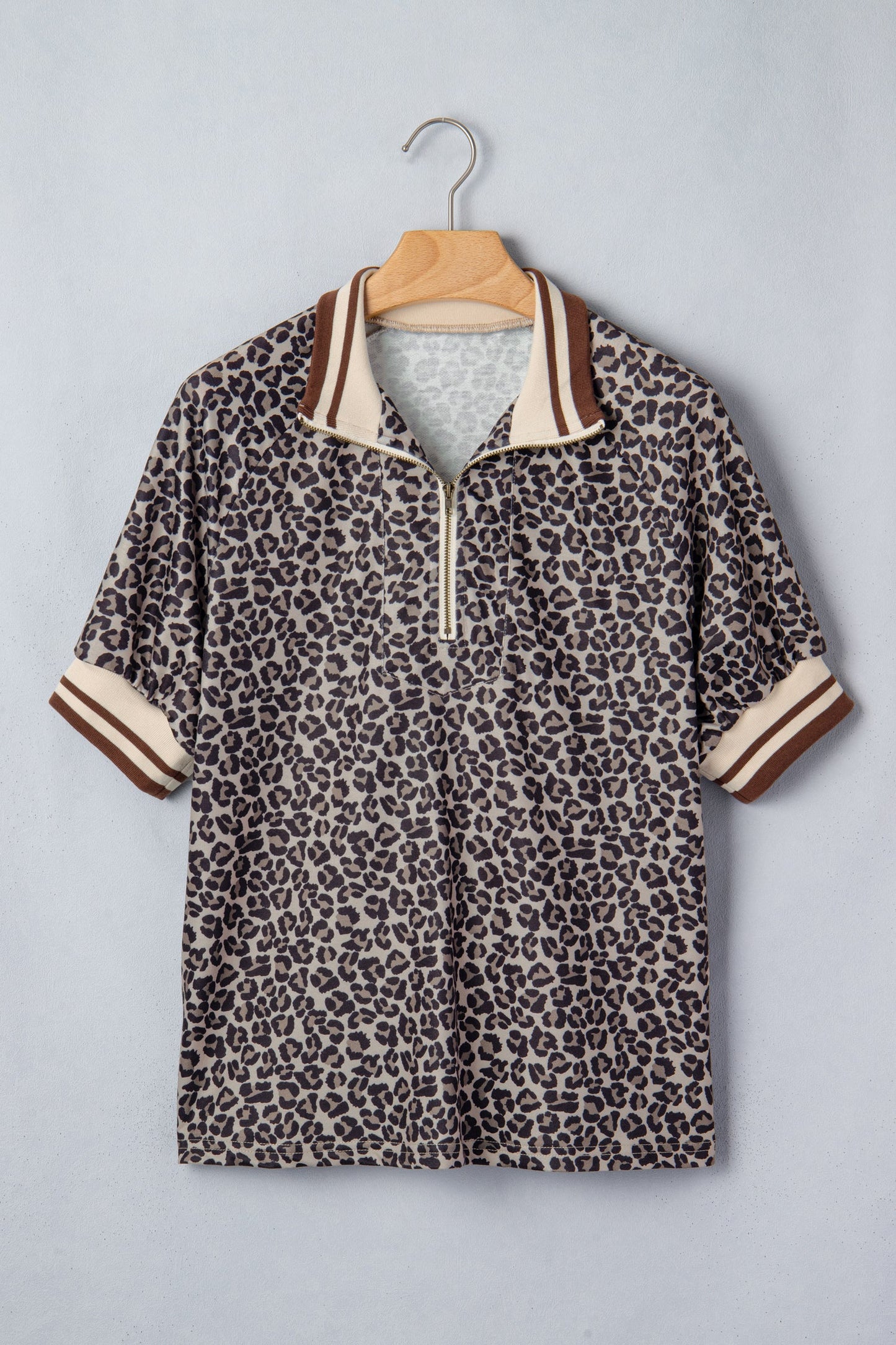 Leopard Half Zip Stripe Trim Short Sleeve Top