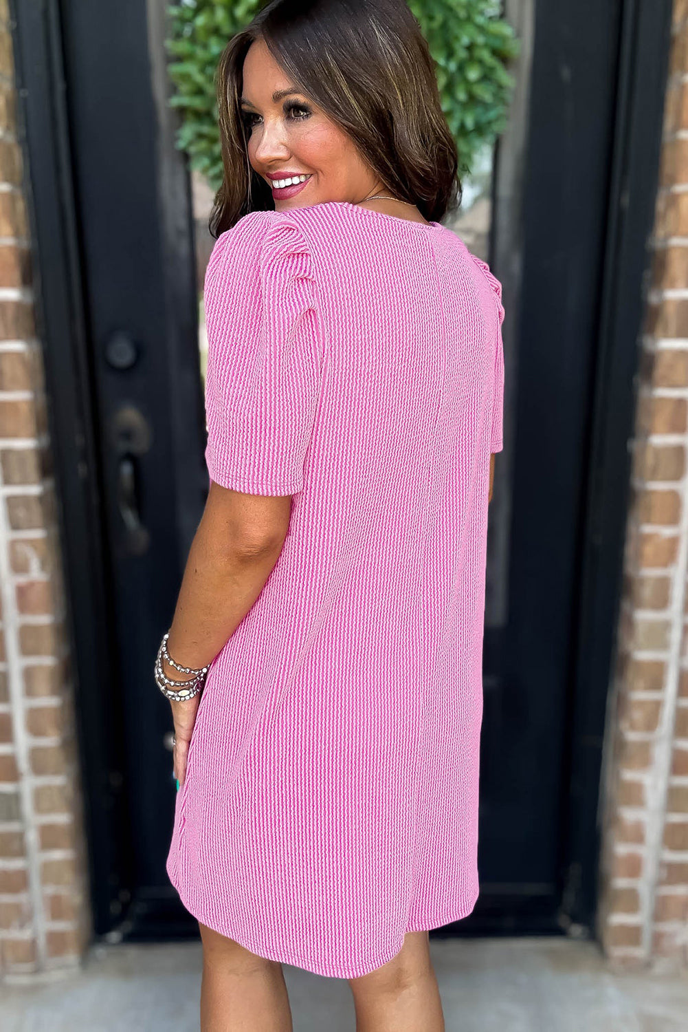 Blossom Corded Crew Neck Puff Sleeve Mini Dress