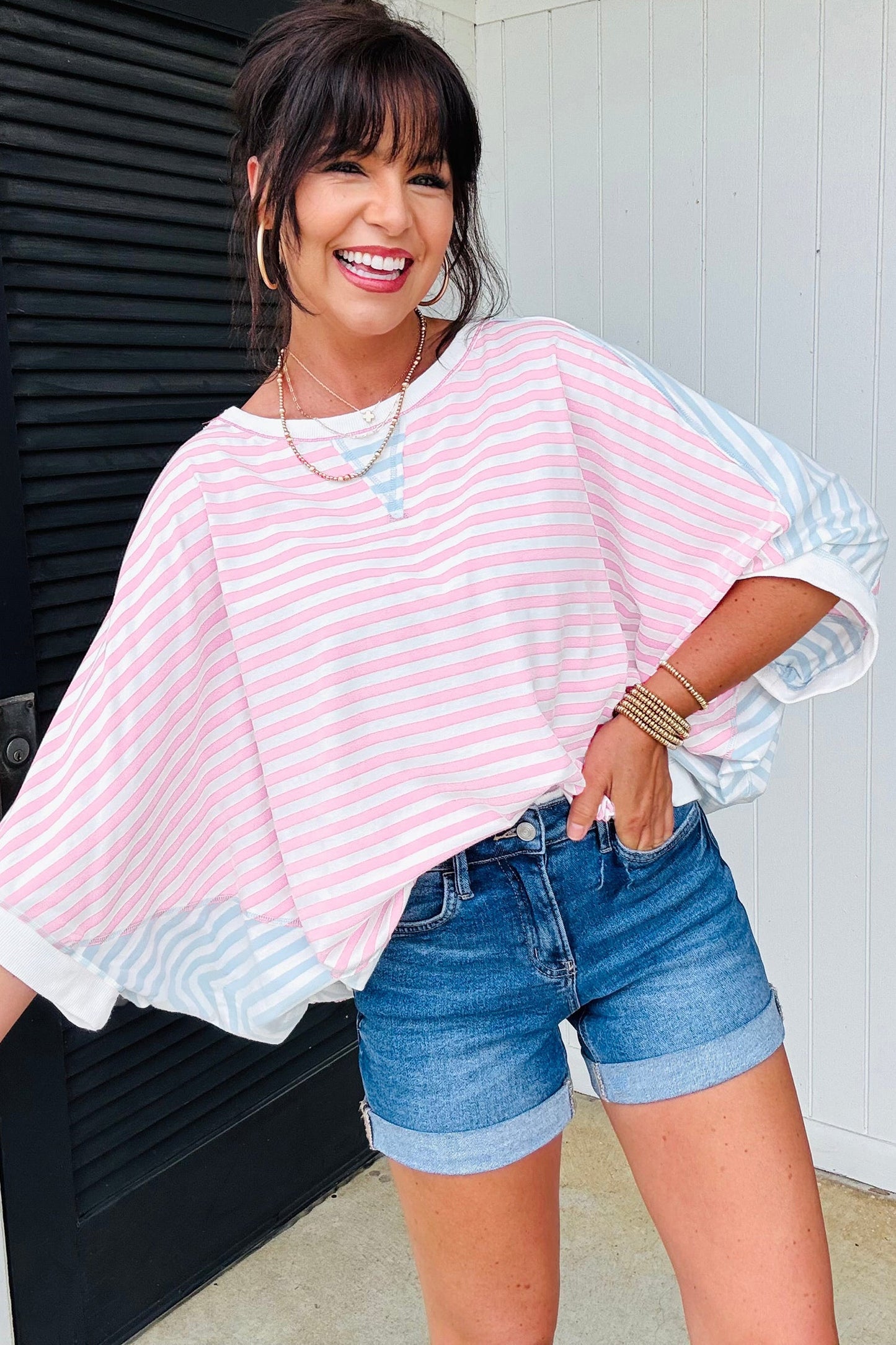 Stripe Oversize Dolman Sleeve Patchwork T-Shirt