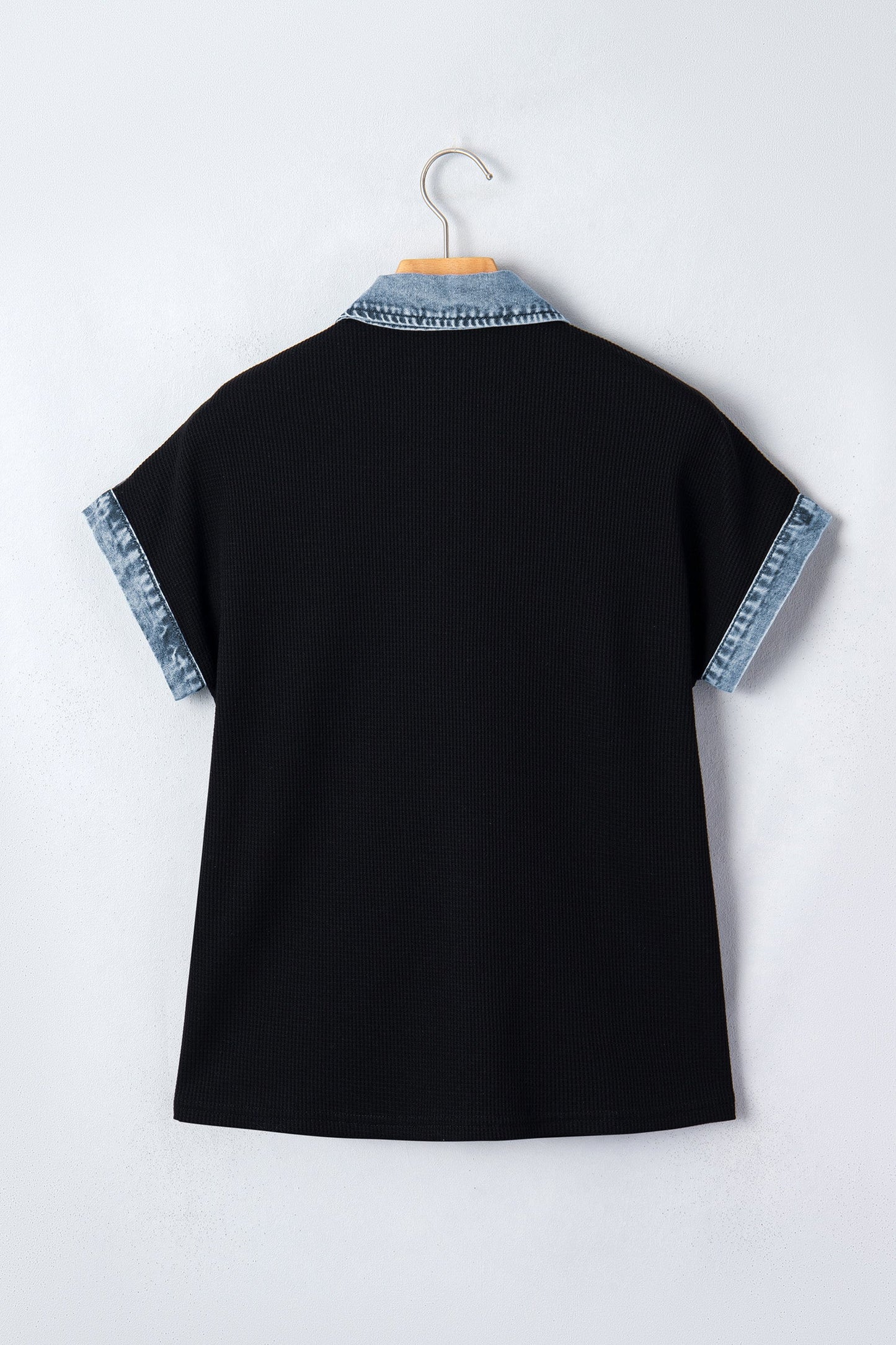 Colorblock Denim Patchwork Waffle Knit Buttoned Shirt