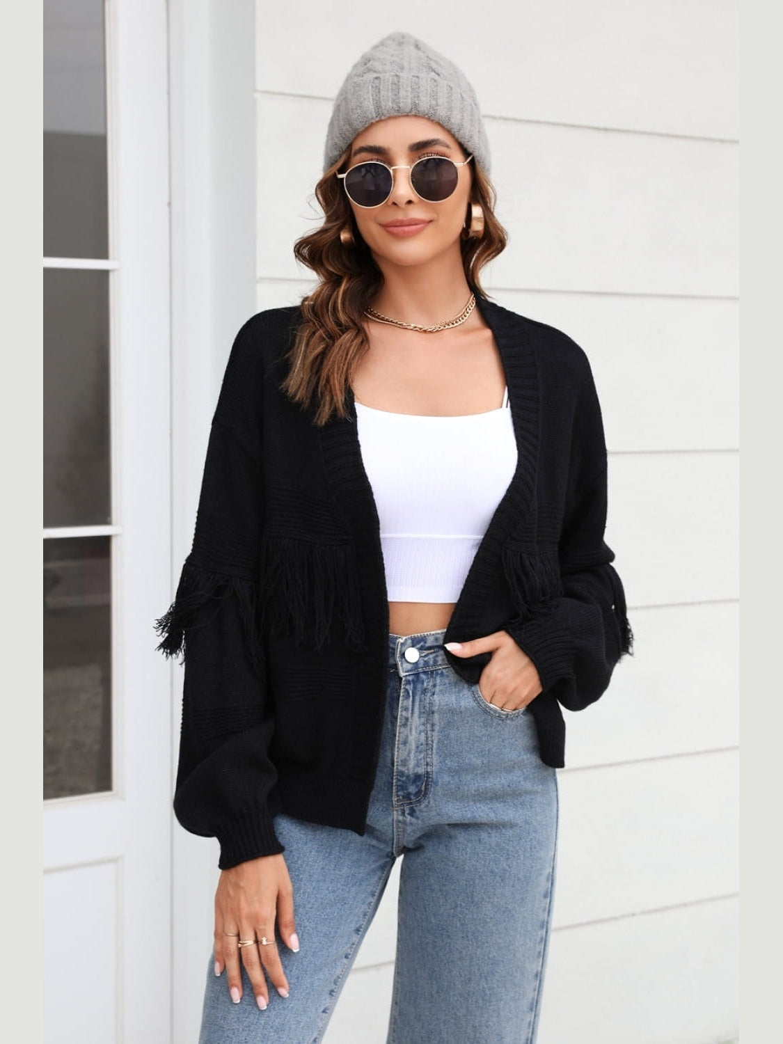 Women Double Take Fringe Trim Open Front Cardigan Sweater