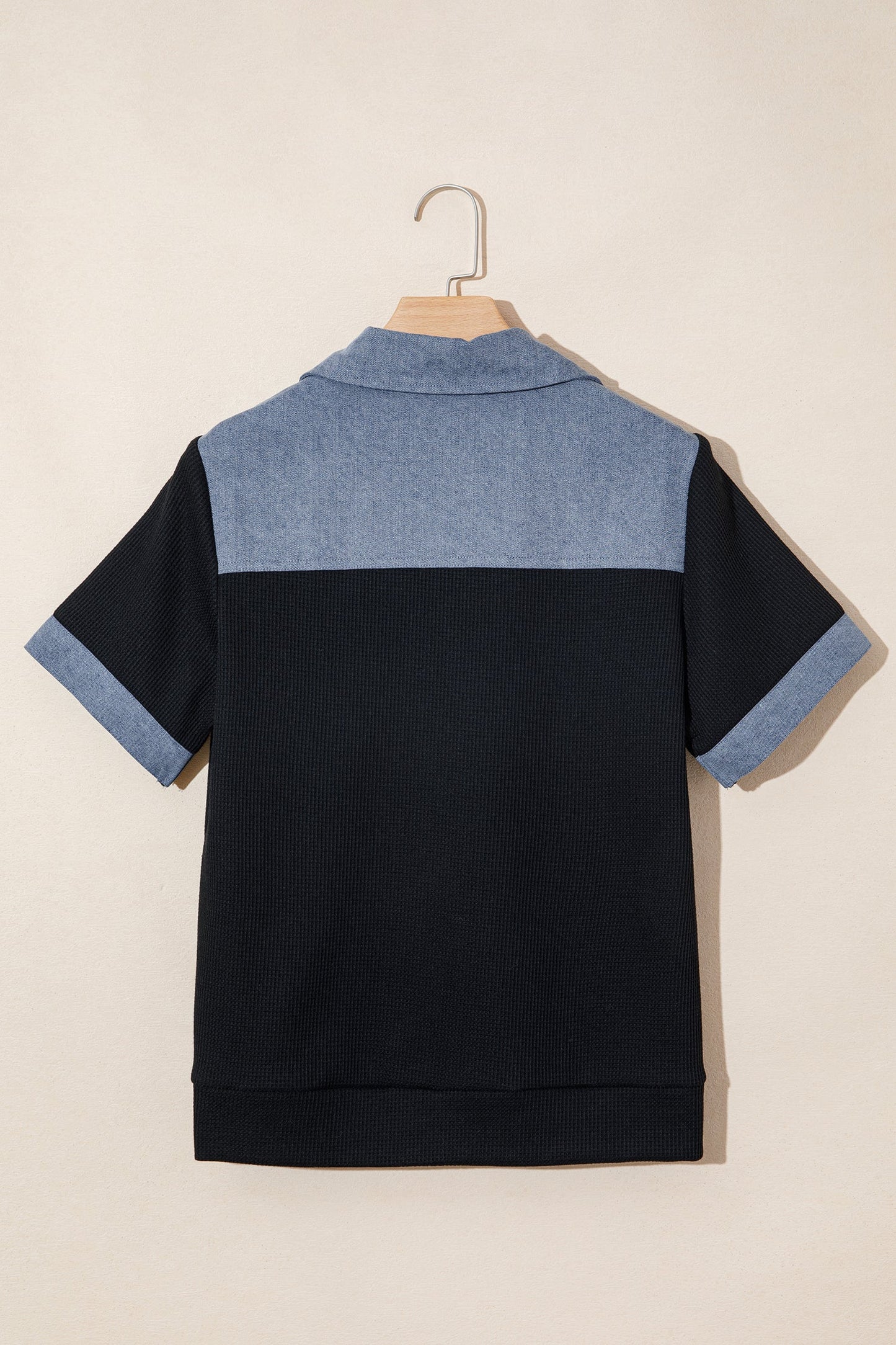 Colorblock Denim Waffle Knit Patchwork Polo Top