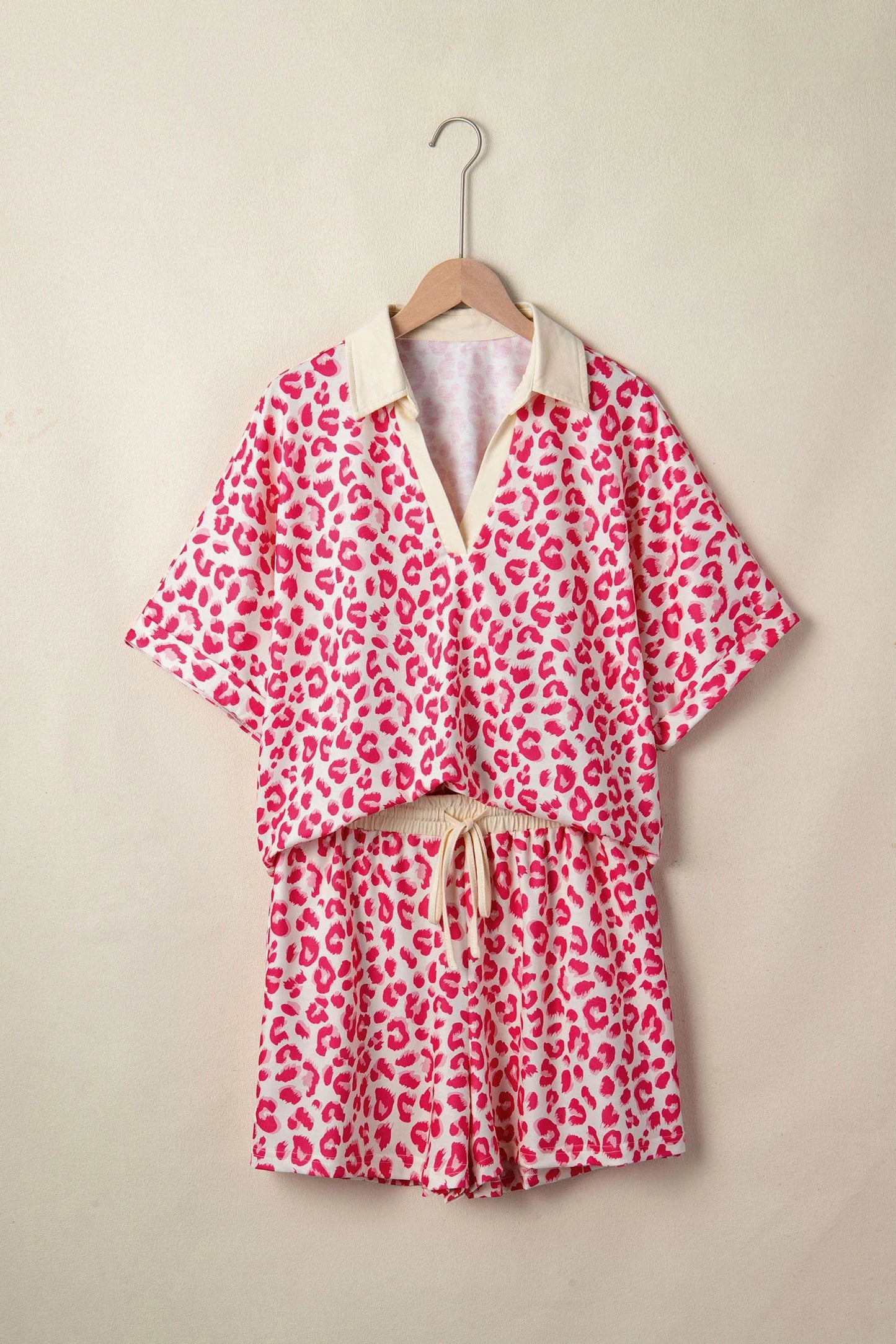 Leopard Collared V-Neck Top & Shorts Set