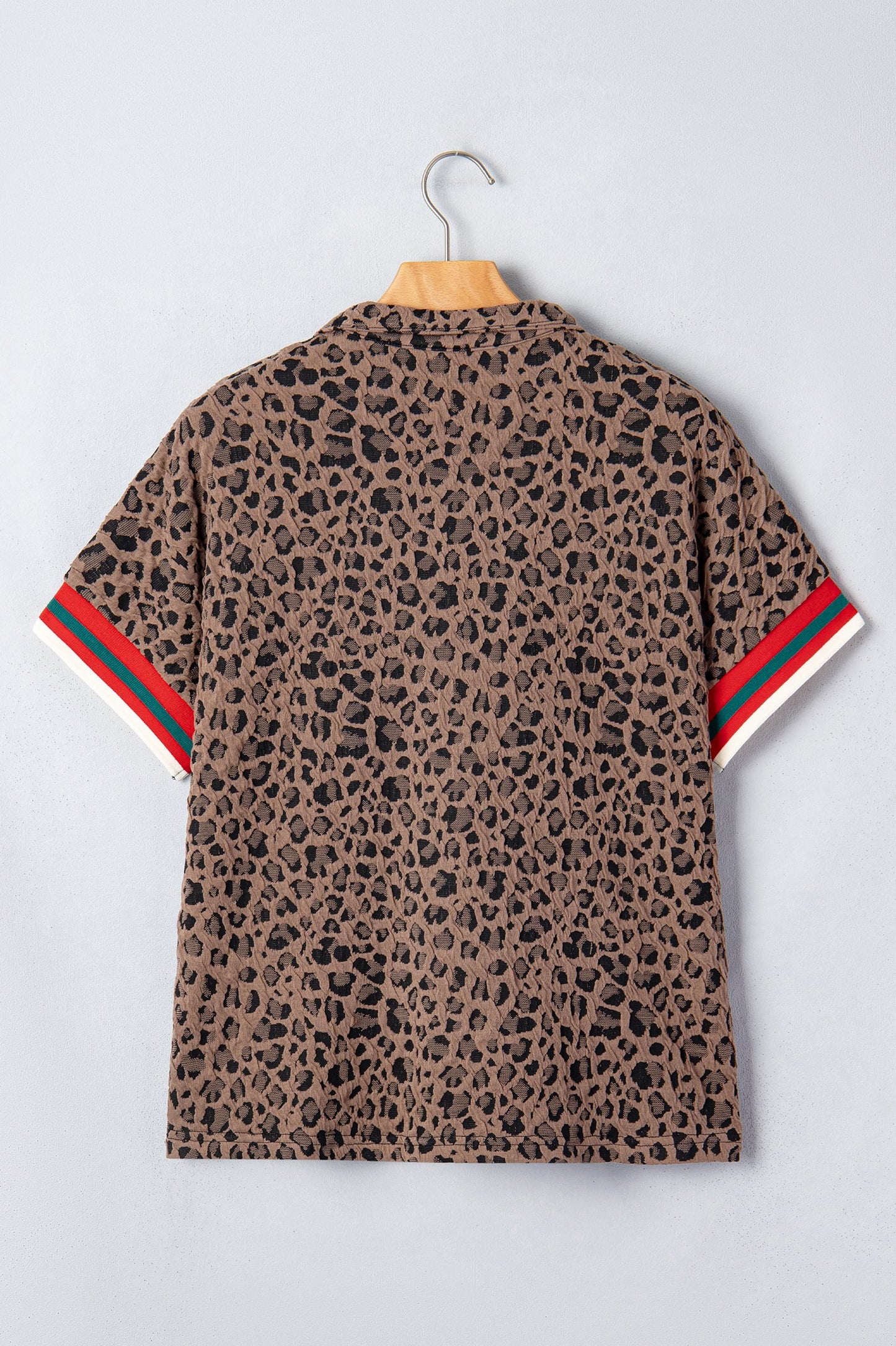 Leopard Stripe Patchwork Half Zip Collared Blouse