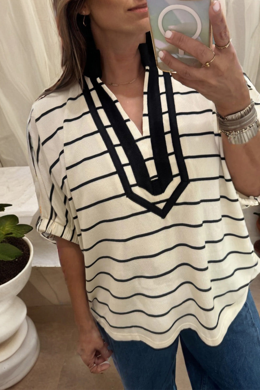 Stripe Stand Collar V-Neck Dolman Sleeve Top