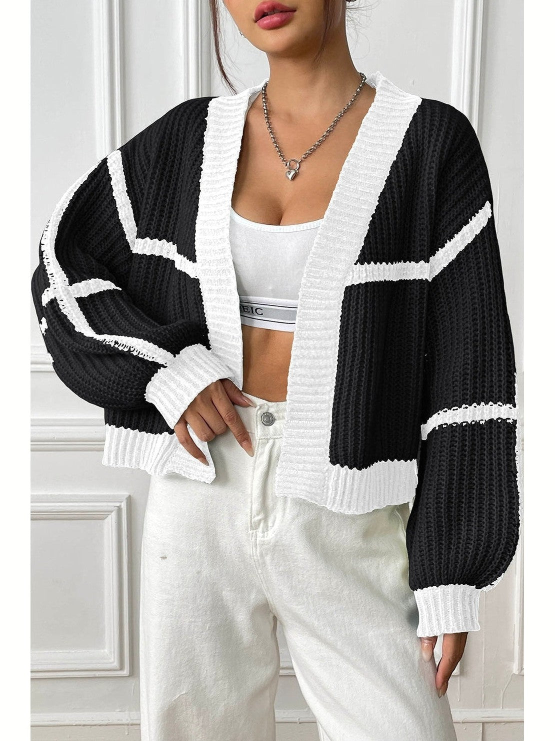 Women Contrast Open Front Long Sleeve Cardigan