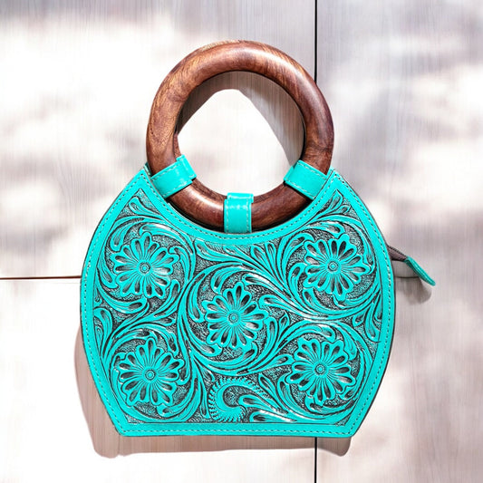 Small Turquoise floral tooled leather handbag
