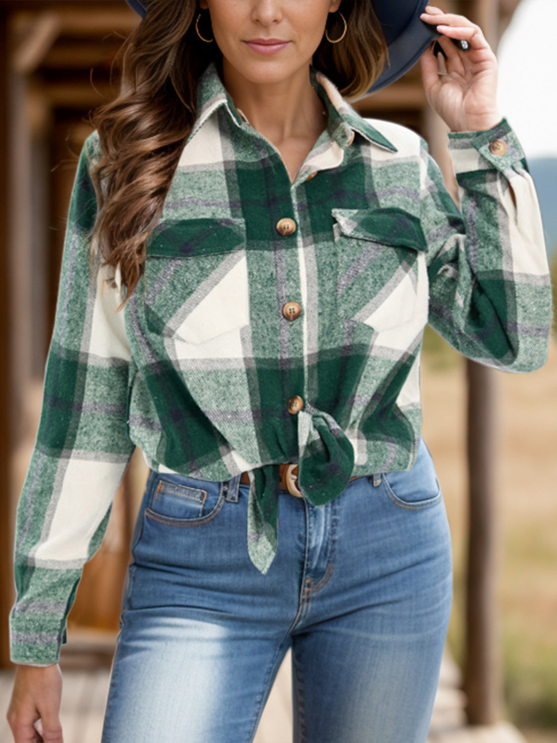 Women Full Size Pocketed Plaid Collared Neck Shacket