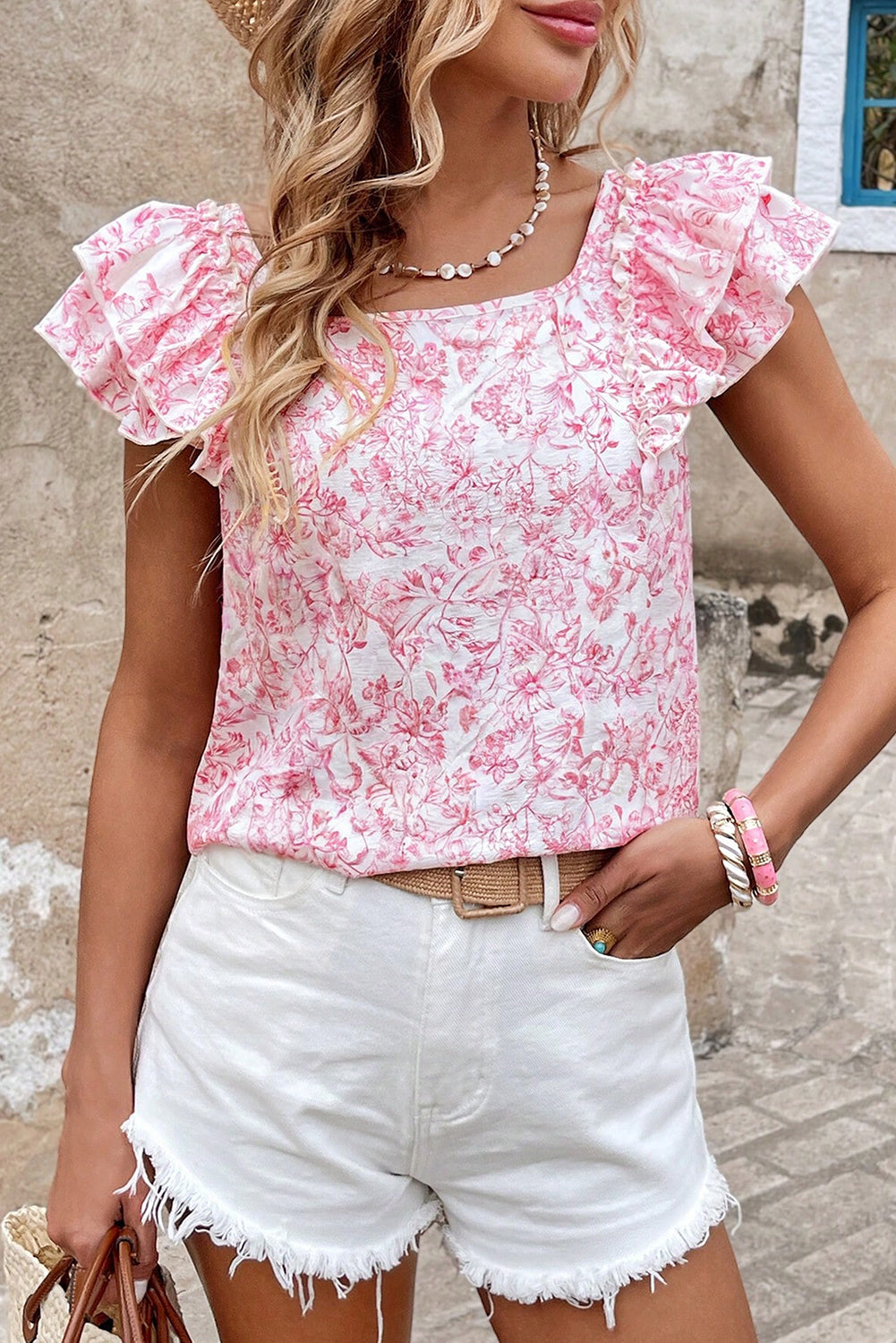 Floral Bow Back Ruffle Sleeve Blouse