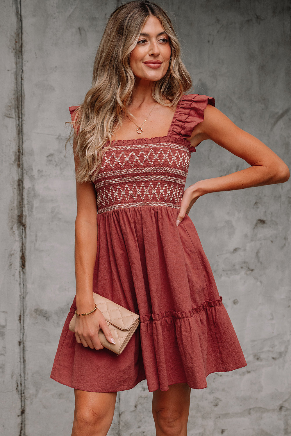 Geometric Embroidered Ruffle Mini Dress