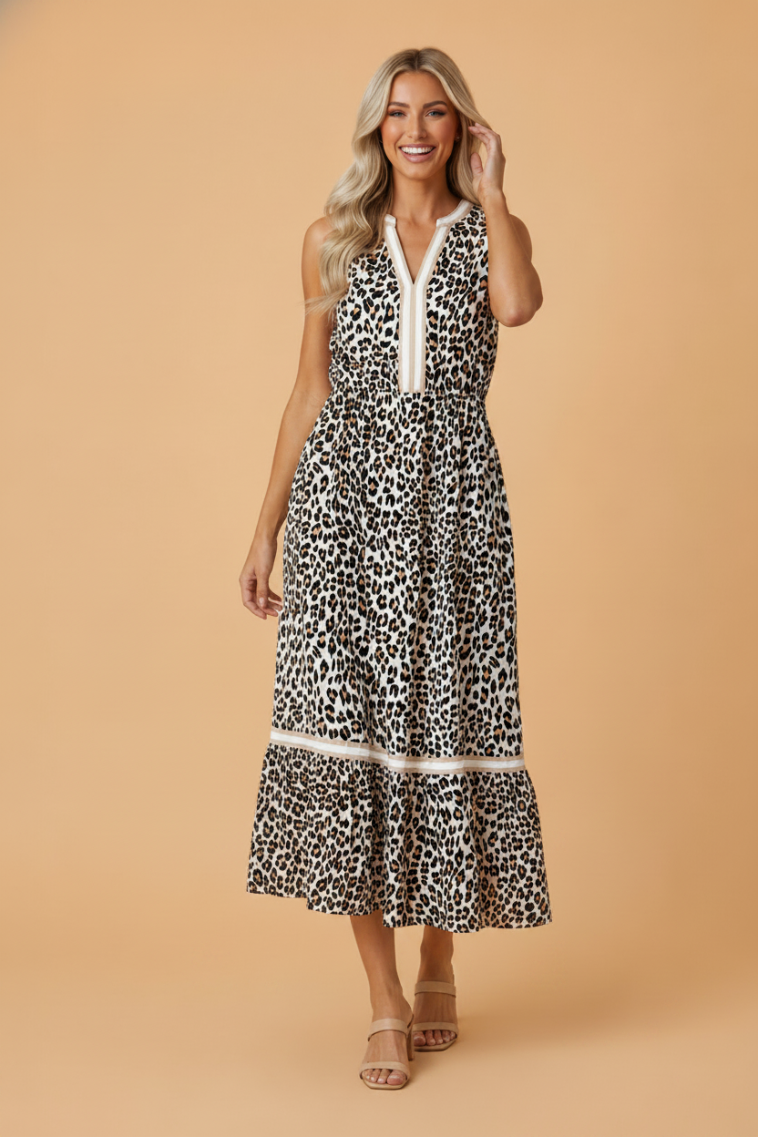 Leopard Colorblock Sleeveless Midi Dress