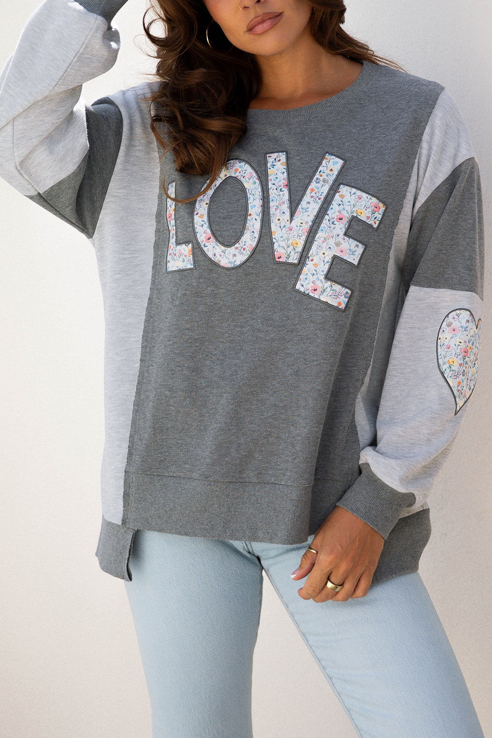 Floral LOVE Reverse Seam Patchwork Long Sleeve Sweatshirt