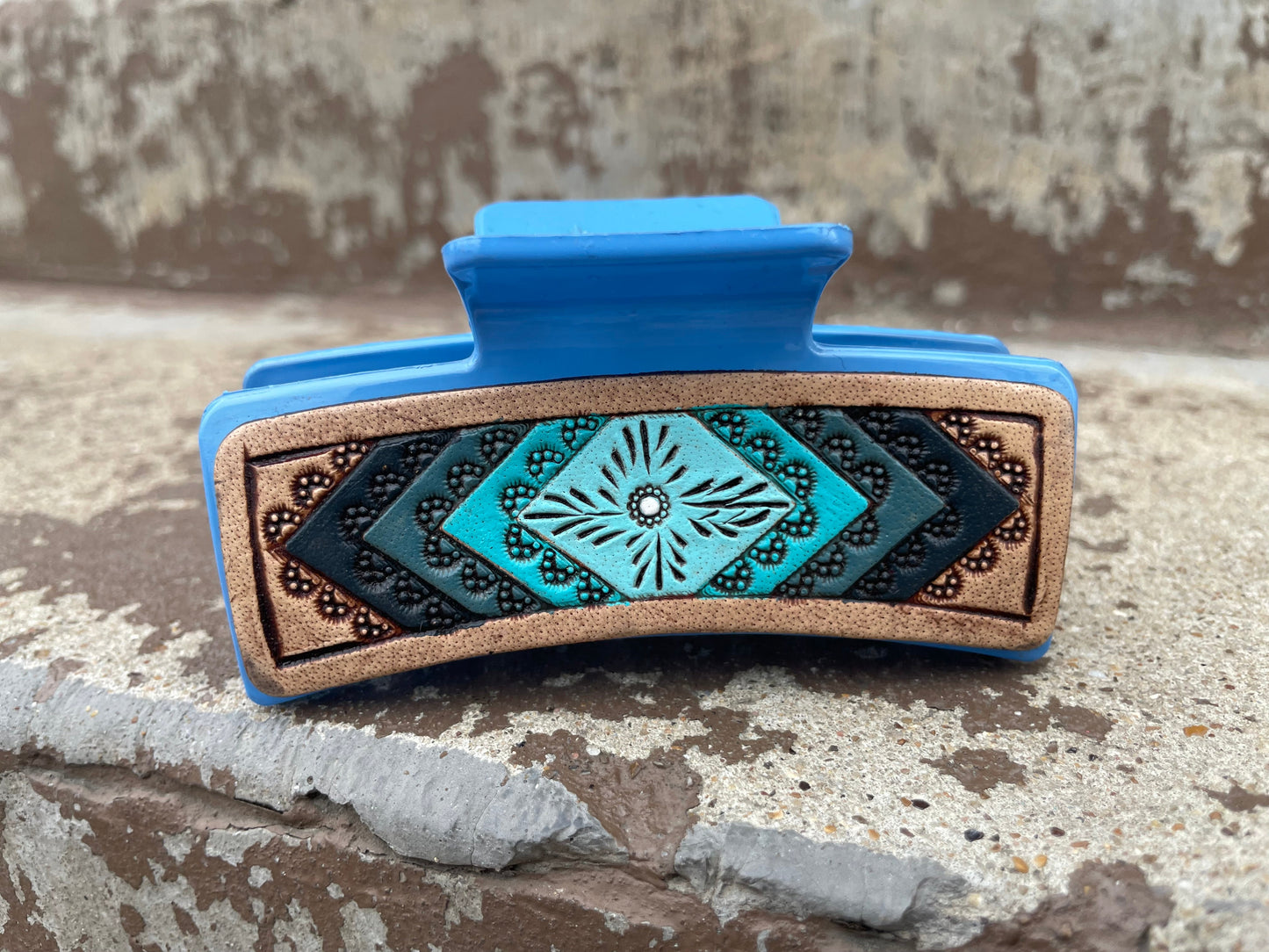 Aztec Blue Tooled Leather Hair Claw Clips 4”