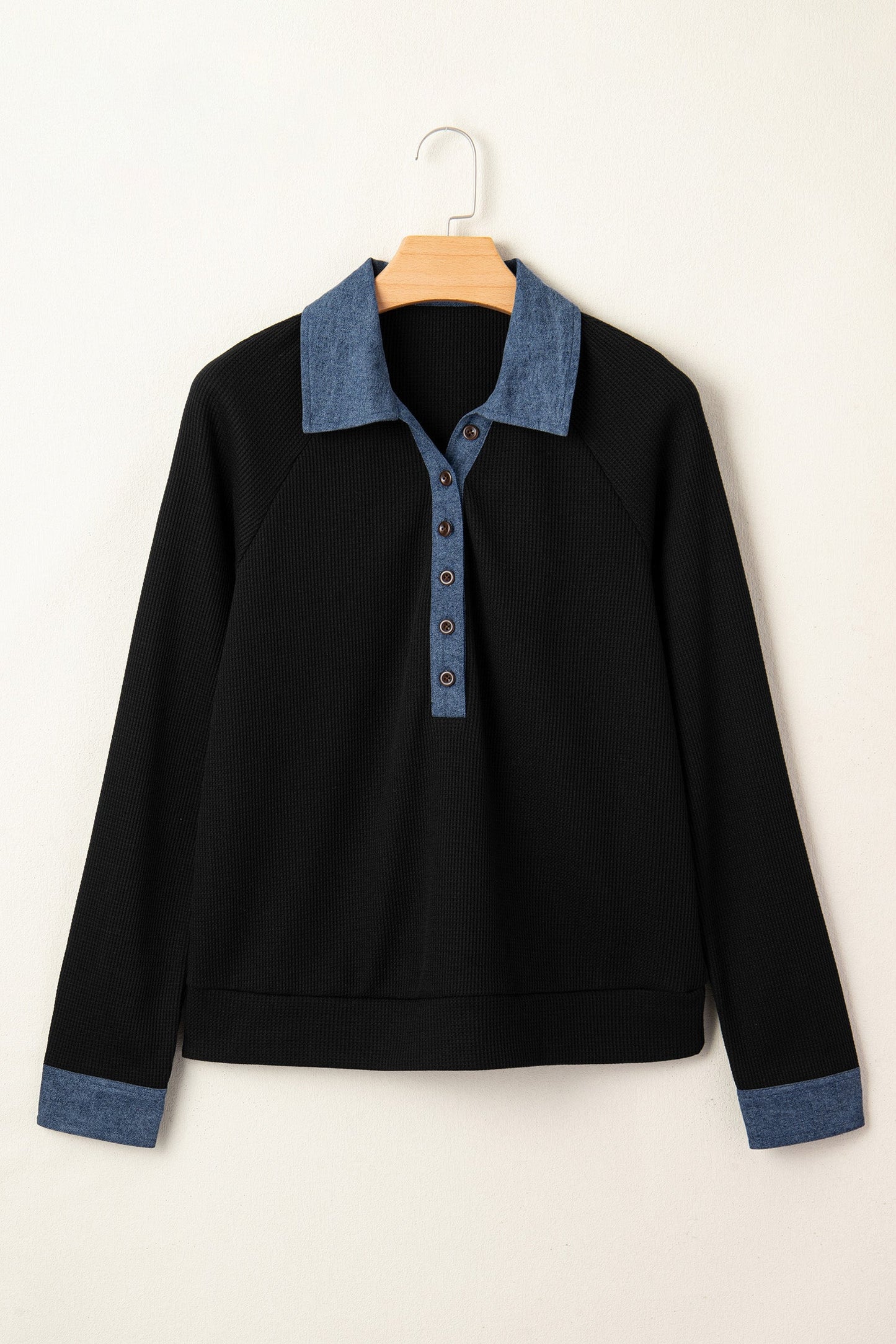 Denim Patchwork Textured Knit Polo Collar Top