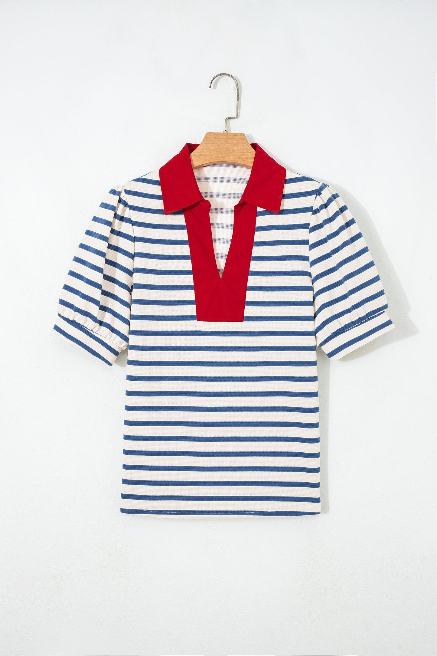 Stripe Colorblock Puff Sleeve Polo Collar Blouse