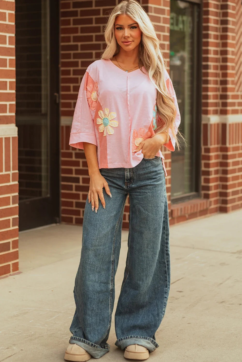 Flower Patch Exposed Seam 3/4 Sleeve T-Shirt