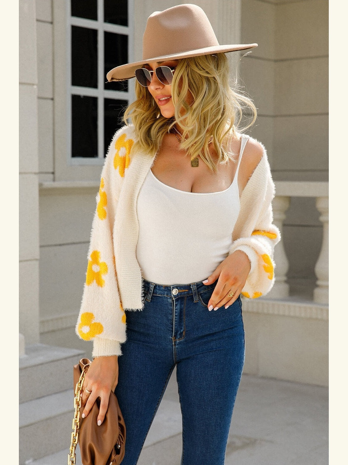 Women Floral Open Front Fuzzy Cardigan Sweater